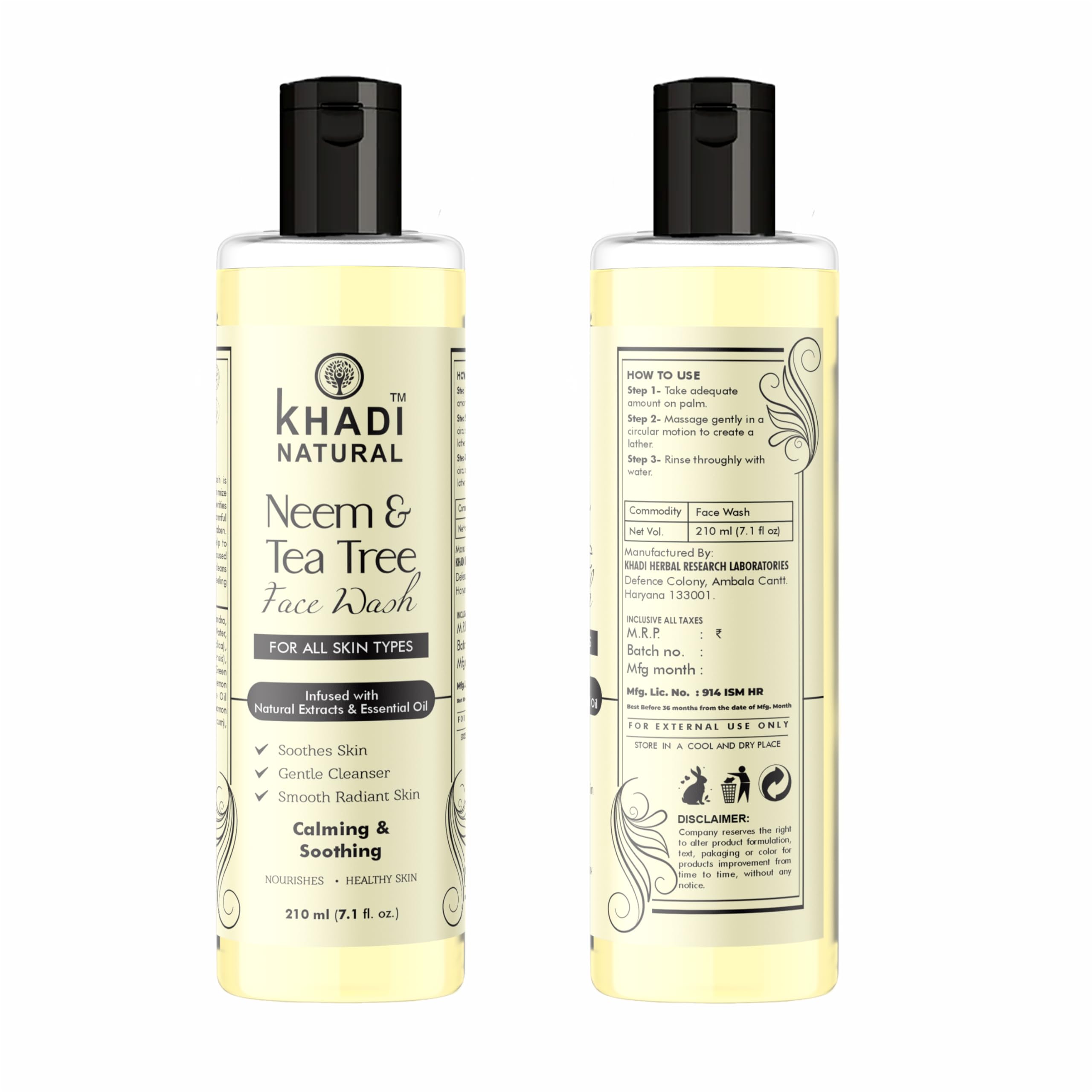 Khadi Natural Neem & Tea Tree Herbal Face Wash 210ml - Organic Cleanser for Acne & Glowing Skin - Pack of 2 - Perfect for Daily Skincare Routine & Sensitive Skin Care