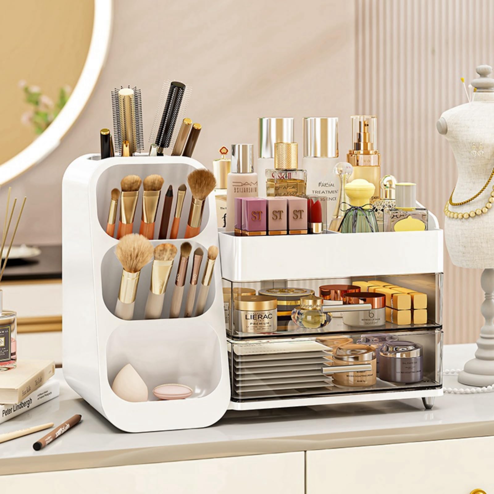 Large Makeup Organizer with Drawers - Spacious Vanity & Bathroom Storage for Cosmetics, Skincare, Brushes, Eyeshadow, Lipstick - Perfect for Bedroom, Dorm & Travel (White)