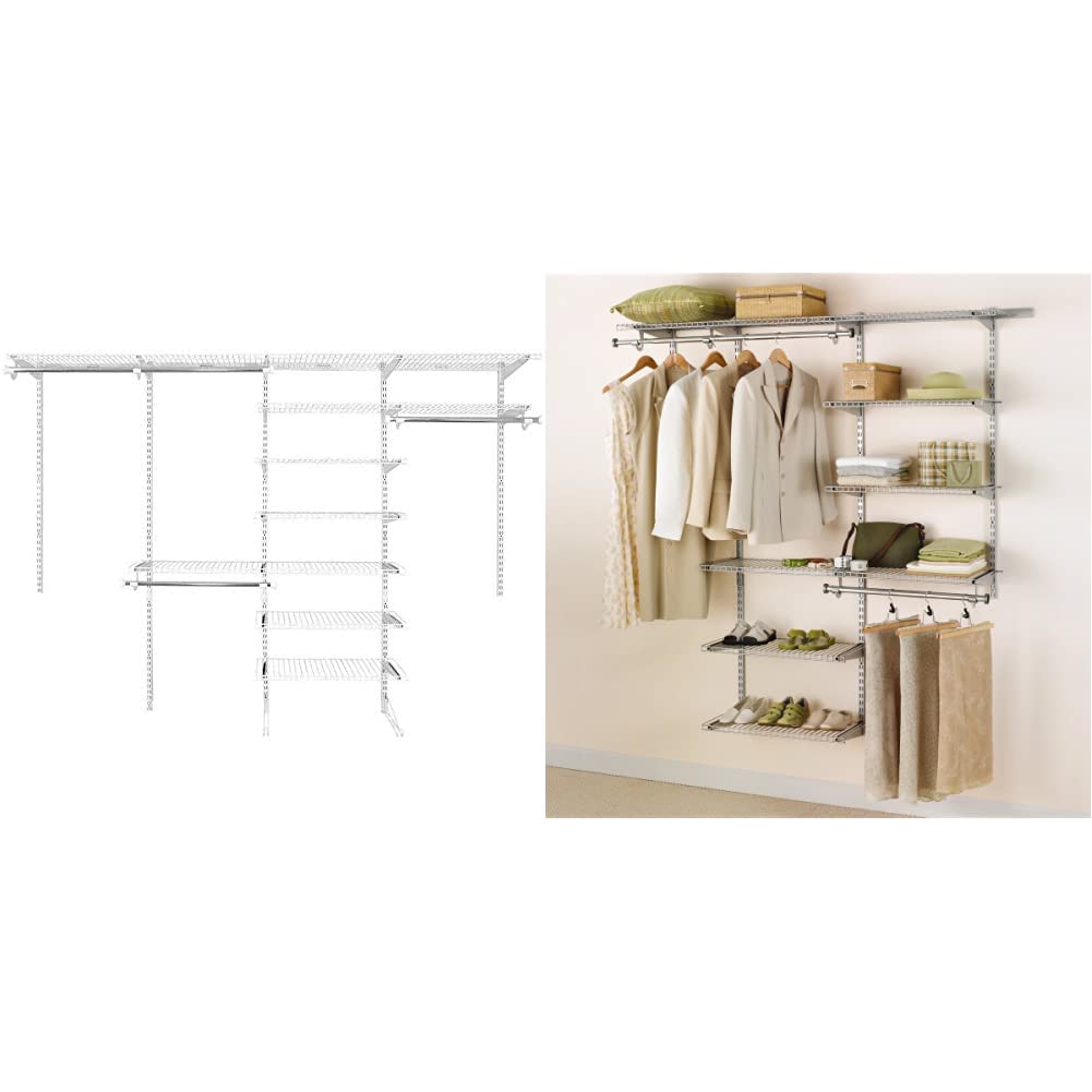 Rubbermaid FastTrack Closet Organizer Kit - White (6-10 Ft) & Deluxe Closet System - Titanium (3-6 Ft) | Adjustable Wire Shelving with Expandable Storage & Telescoping Rods | Perfect for Bedroom, Walk-in Closet & Home Organization