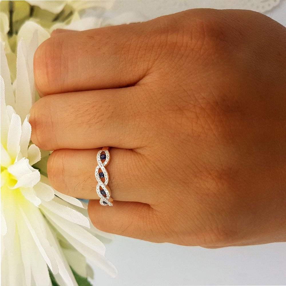 10K Solid Gold Round Blue Sapphire & White Diamond Women's Stackable Wedding Ring – Elegant Bridal, Anniversary Jewelry Gift for Her – Perfect for Engagement, Proposal, and Special Occasions