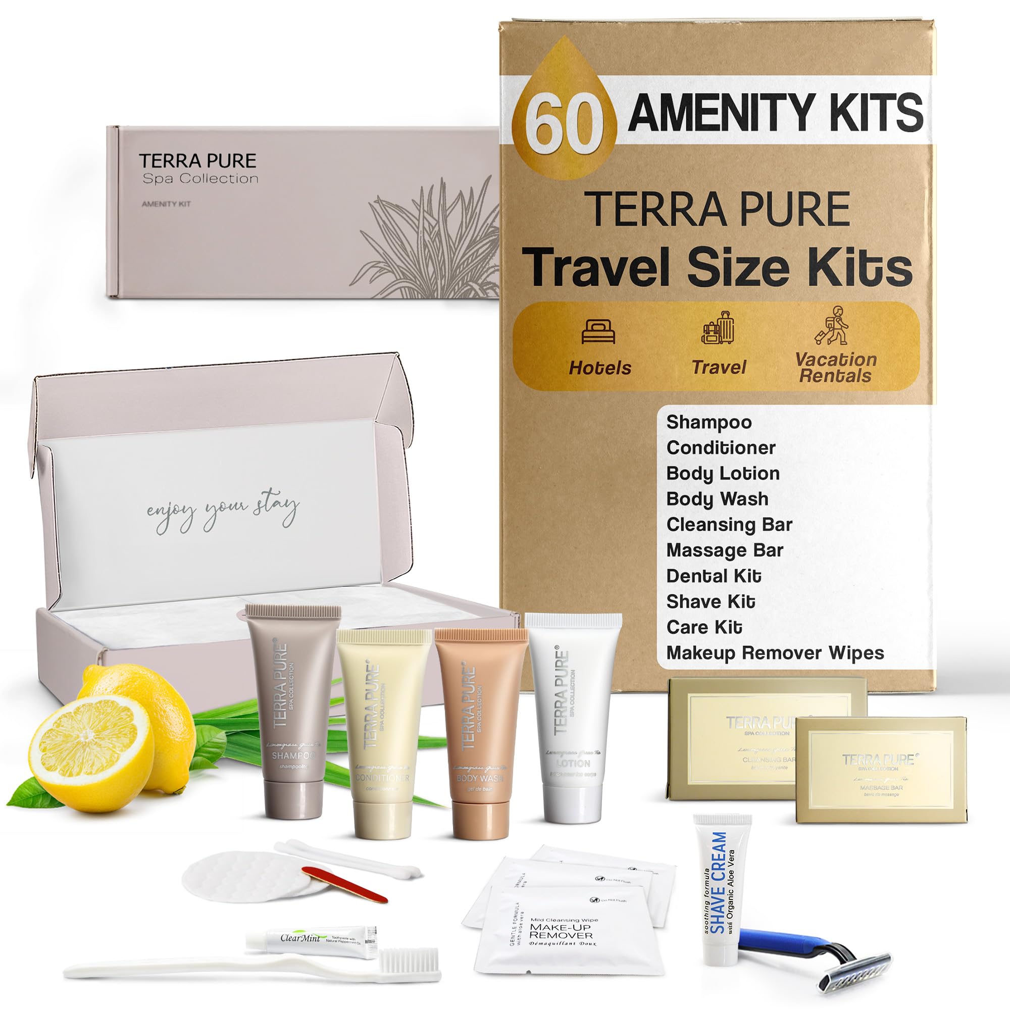 Terra Pure Spa Collection - 60-Piece Travel Amenity Kit with Shampoo, Conditioner, Lotion, Body Wash, Soap Bars, Shaving & Dental Sets, Makeup Remover Wipes | Perfect for Hotels, Spas, Airbnbs, and Luxury Travel Essentials
