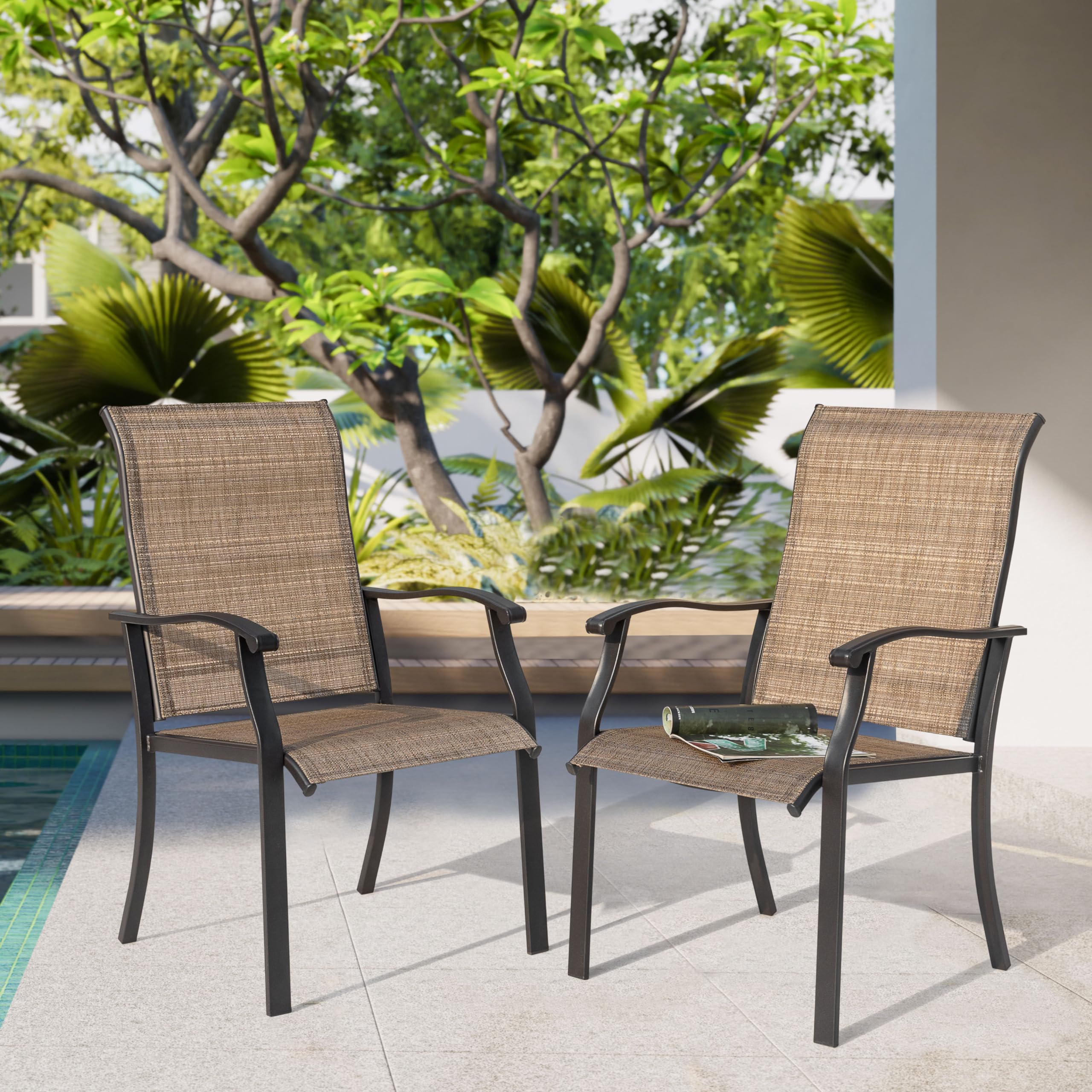 NUU GARDEN Patio Dining Chairs Set of 2 - Indoor/Outdoor Textilene High Back Chairs with Armrests & Iron Frame (Black & Brown) - Perfect for Backyard, Garden, Poolside & Restaurant Outdoor Seating