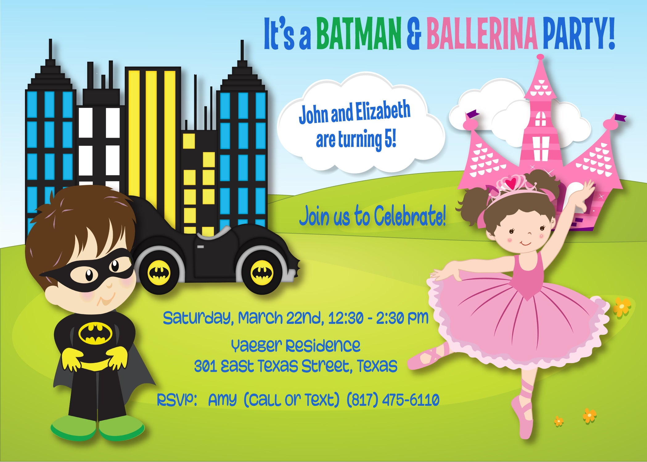 Batman Ballerina Double Birthday Invitation Card - Superhero & Ballet Themed Party Invites for Kids - Perfect for Twin Birthday Celebrations & Themed Events