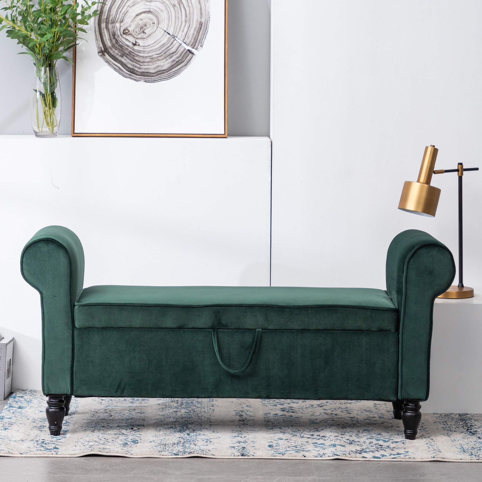 Alunaune Velvet Upholstered Storage Bench - Modern Rolled Arm Ottoman for Bedroom, Living Room & Entryway - Green | Bed Seat, Couch End Bench, Settee with Hidden Storage Compartment | Perfect for Small Spaces, Home Decor & Extra Seating