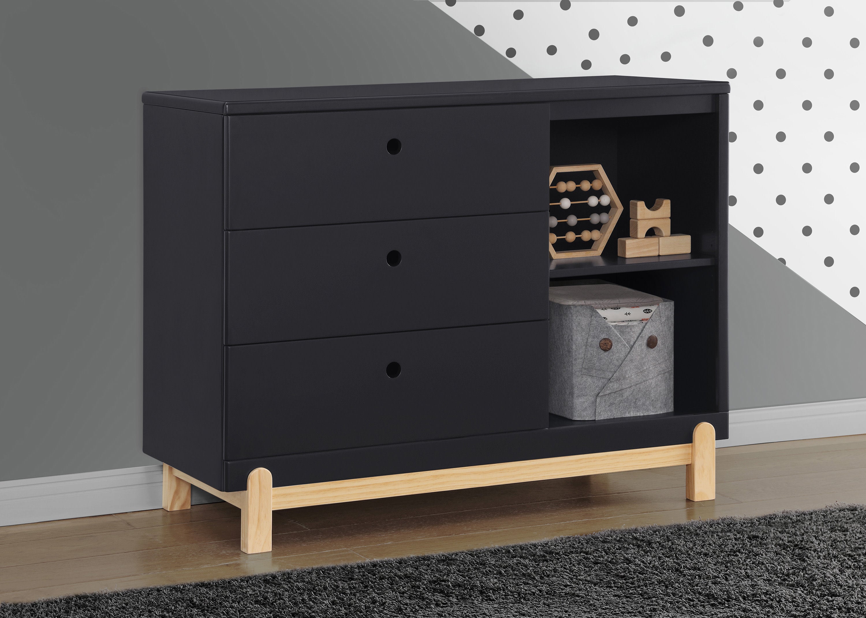 Poppy 3 Drawer Dresser with Cubbies - Modern Wooden Storage Cabinet for Bedroom, Nursery & Kids Room Organization - Perfect for Clothes, Toys & Accessories