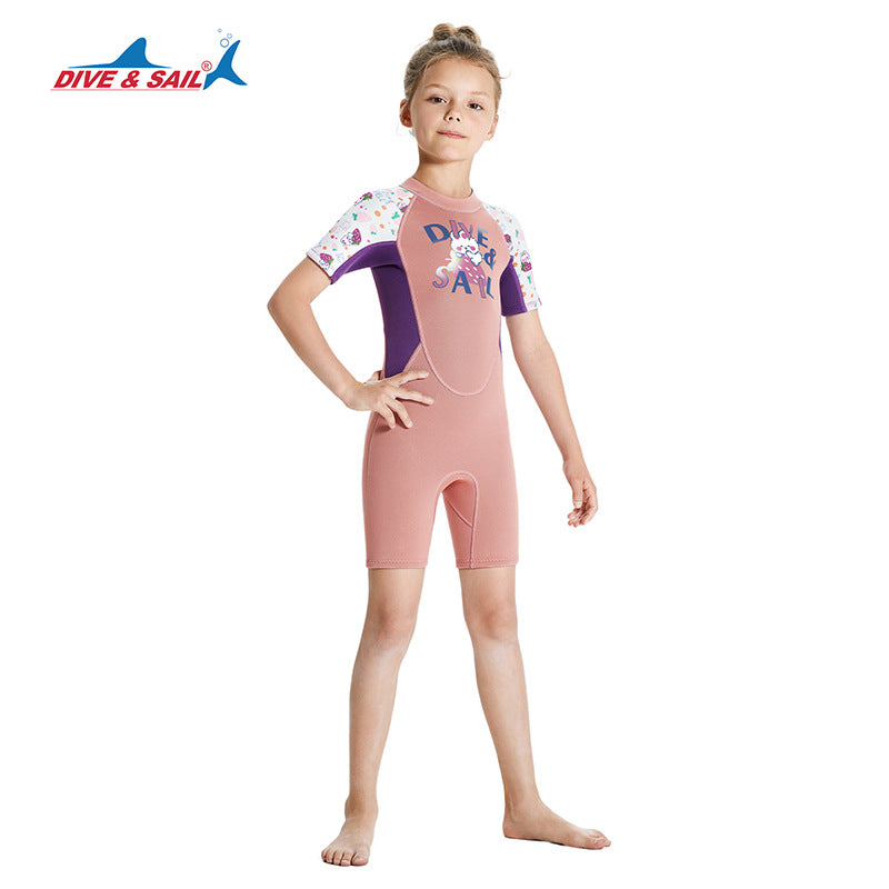 Girls' Quick-Dry UV Protection One-Piece Swimwear - 2.5MM Thermal Short Sleeve Pink Strawberry Rabbit Design for Baby & Kids | Perfect for Beach, Pool & Summer Water Activities