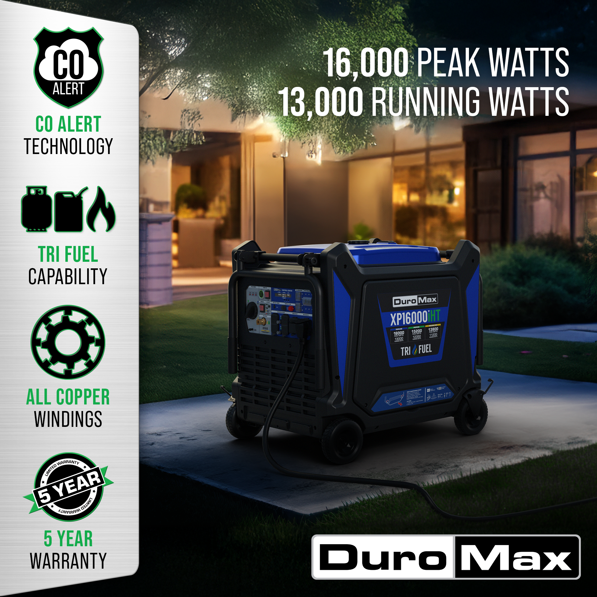 16,000 Watt Tri Fuel Portable Inverter Generator with CO Alert - Reliable Power for Camping, RV Trips & Emergency Backup
