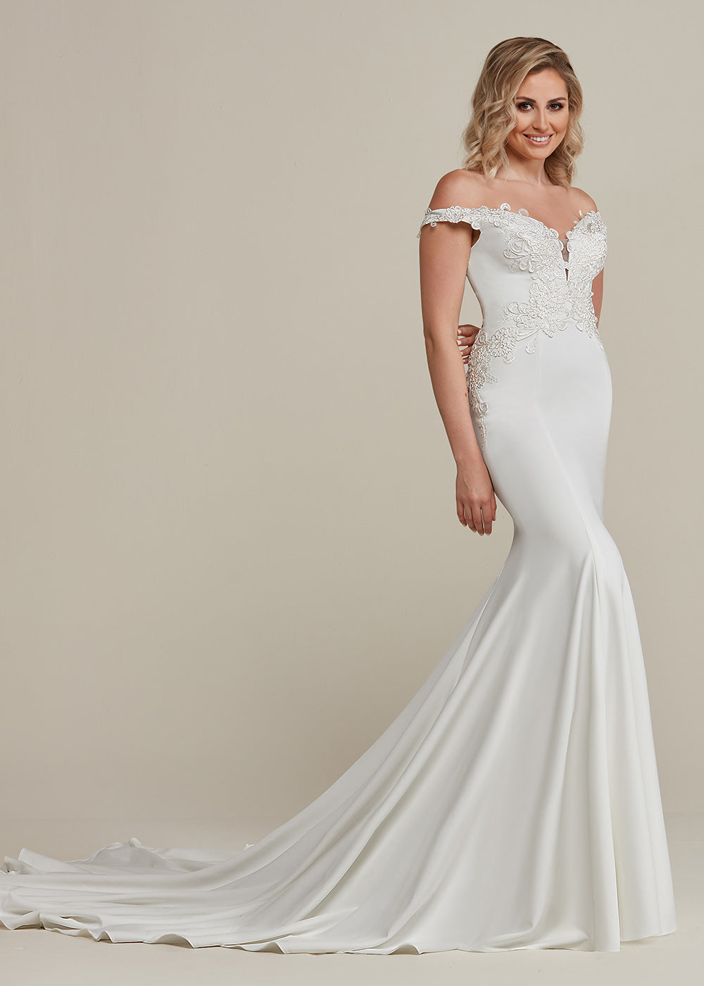 Sienna Off The Shoulder Lace Wedding Dress - Elegant Fit & Flare Gown with Plunging Neckline for Bridesmaids, Prom, Evening Gala & Special Occasions
