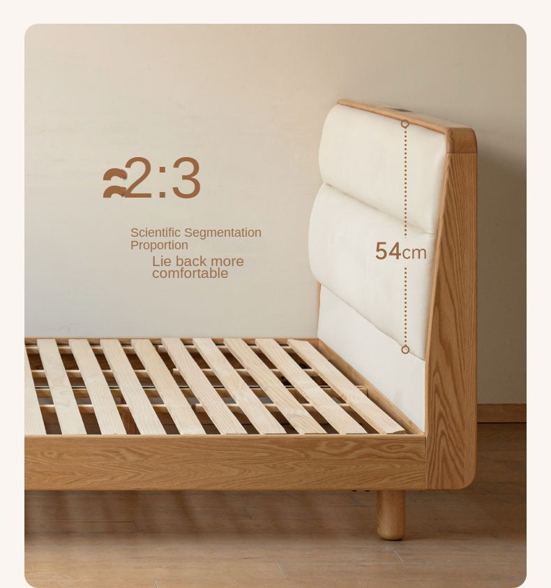 Solid Oak Wood Genuine Leather Upholstered Soft Bed - Perfect for Master Bedroom, Guest Room & Cozy Home Decor