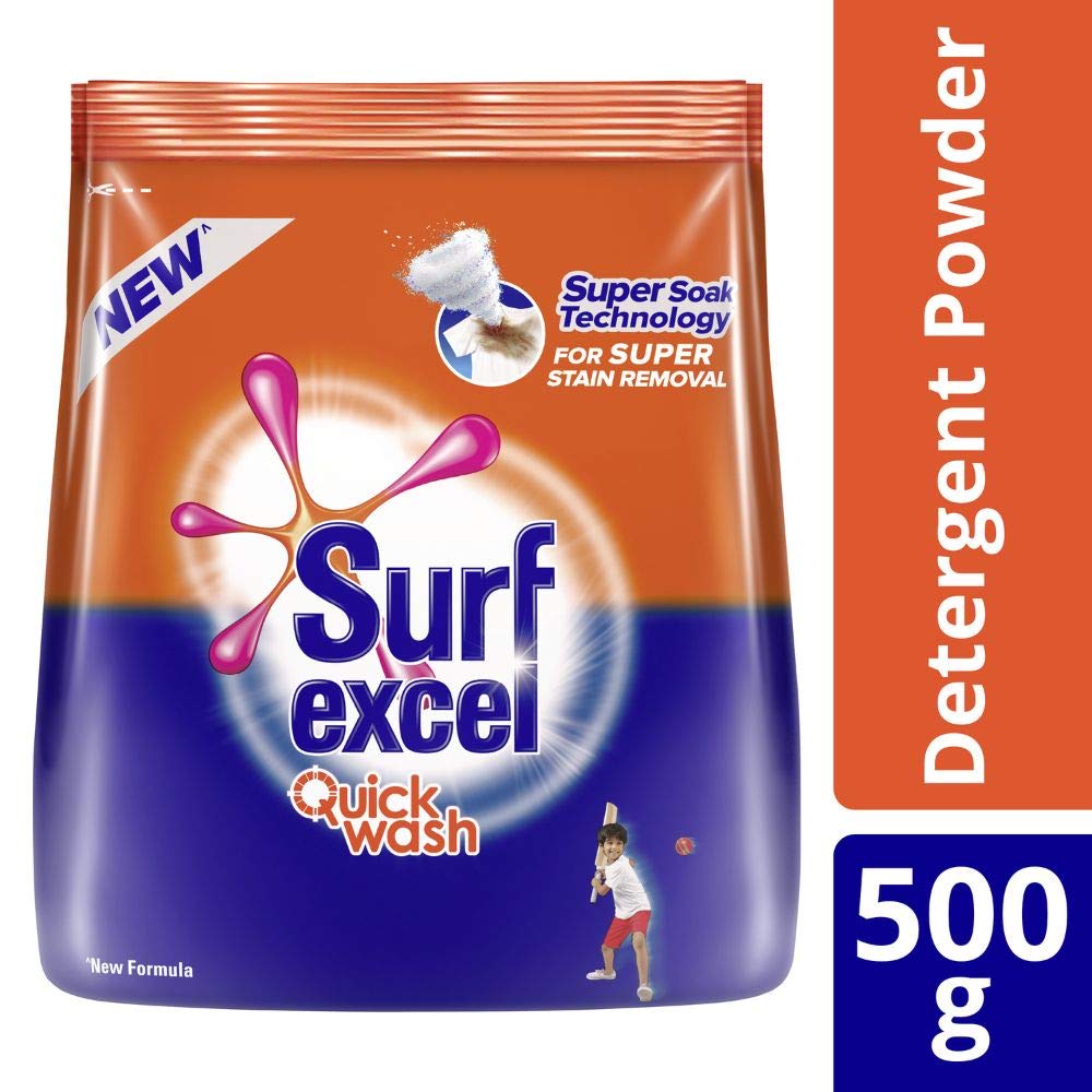 Surf Excel Quick Wash Detergent Powder with Lemon & Bleach - Powerful Stain Remover for Tough Stains (500g) - Ideal for Laundry, Clothes, and Fabric Care