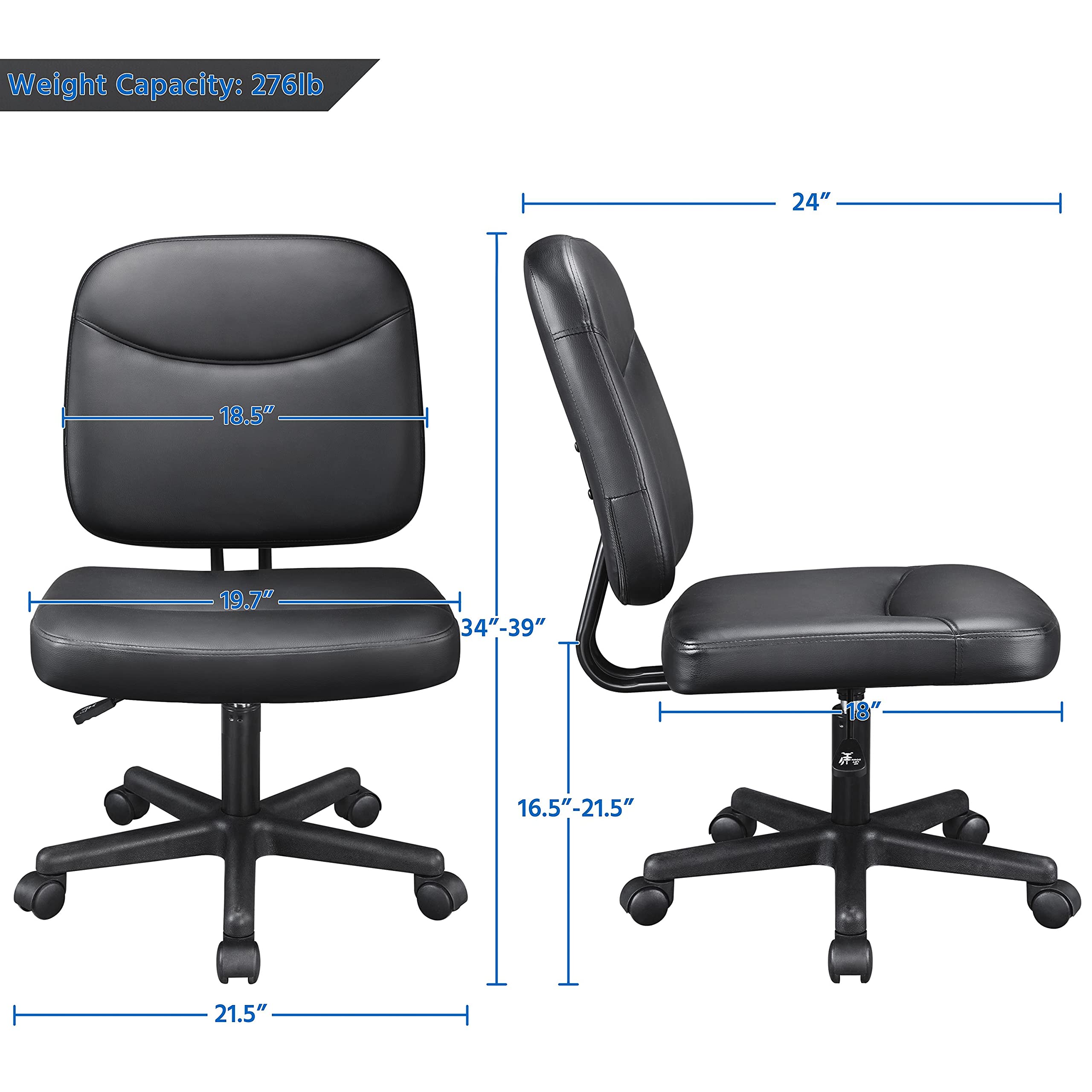 Yaheetech 2-Piece Armless Office Chair Set - Ergonomic Low Back PU Leather Adjustable Swivel Task Chair for Home Office, Computer Desk & Gaming - Black