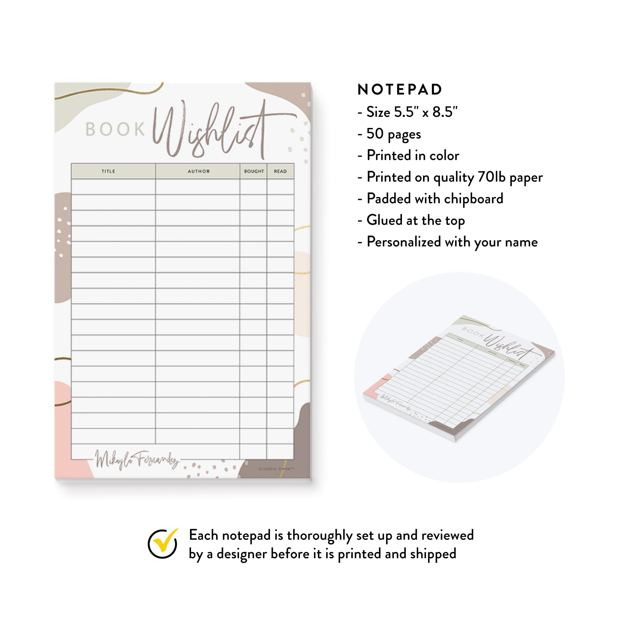 Personalized Book Wishlist Notepad - Reading Log & Book Tracker Journal for Book Lovers - Perfect Gift for Women & Girls - 8.5 x 5.5 Inches, 50 Sheets - Ideal for Book Clubs, Reading Challenges & Library Organization