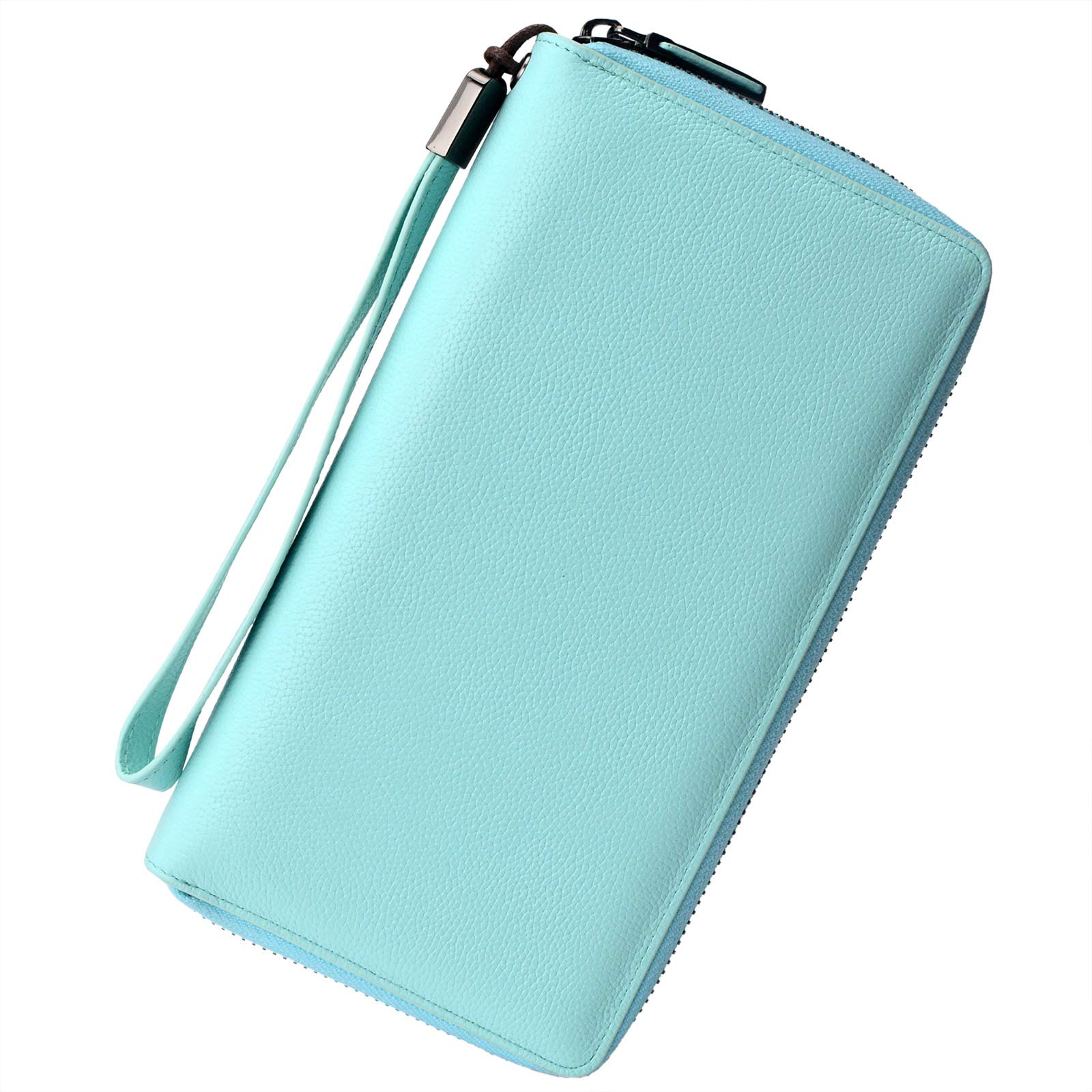 Bveyzi Women's RFID Blocking Leather Wallet - Large Capacity Zip Around Phone Clutch Purse with Wrist Strap for Travel, Shopping & Daily Use