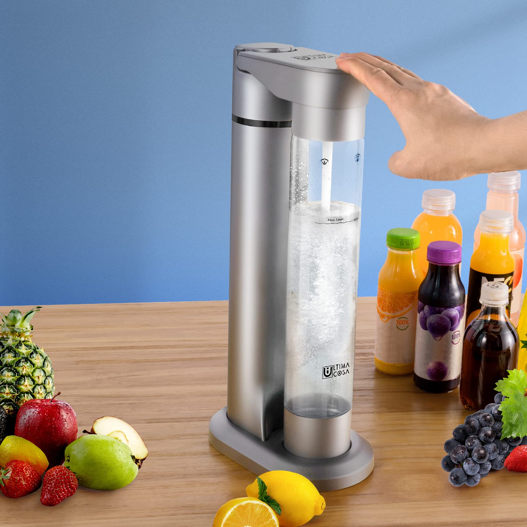 Sparkling Soda Maker with CO2 Cylinder - BPA-Free Home Carbonated Drink Machine for Homemade Sparkling Water, Juice & Coffee | Includes 1LB CO2 & Reusable Bottle (Silver) | Perfect for Parties, Healthy Drinks & DIY Beverages