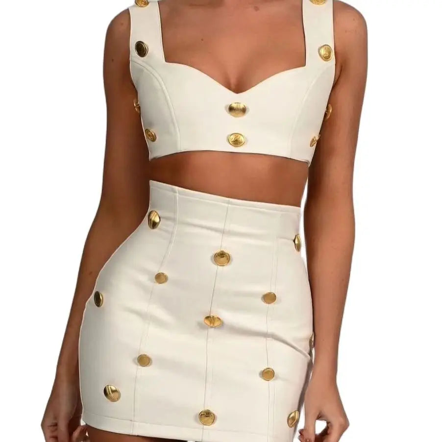 2023 New Summer Beige Color Golden Buttons Short Tank Top And Mini Skirt Set 2 Pieces Hotsweet Woman Evening Party Outfit | Casual Beachwear & Summer Date Night Outfit for Women
