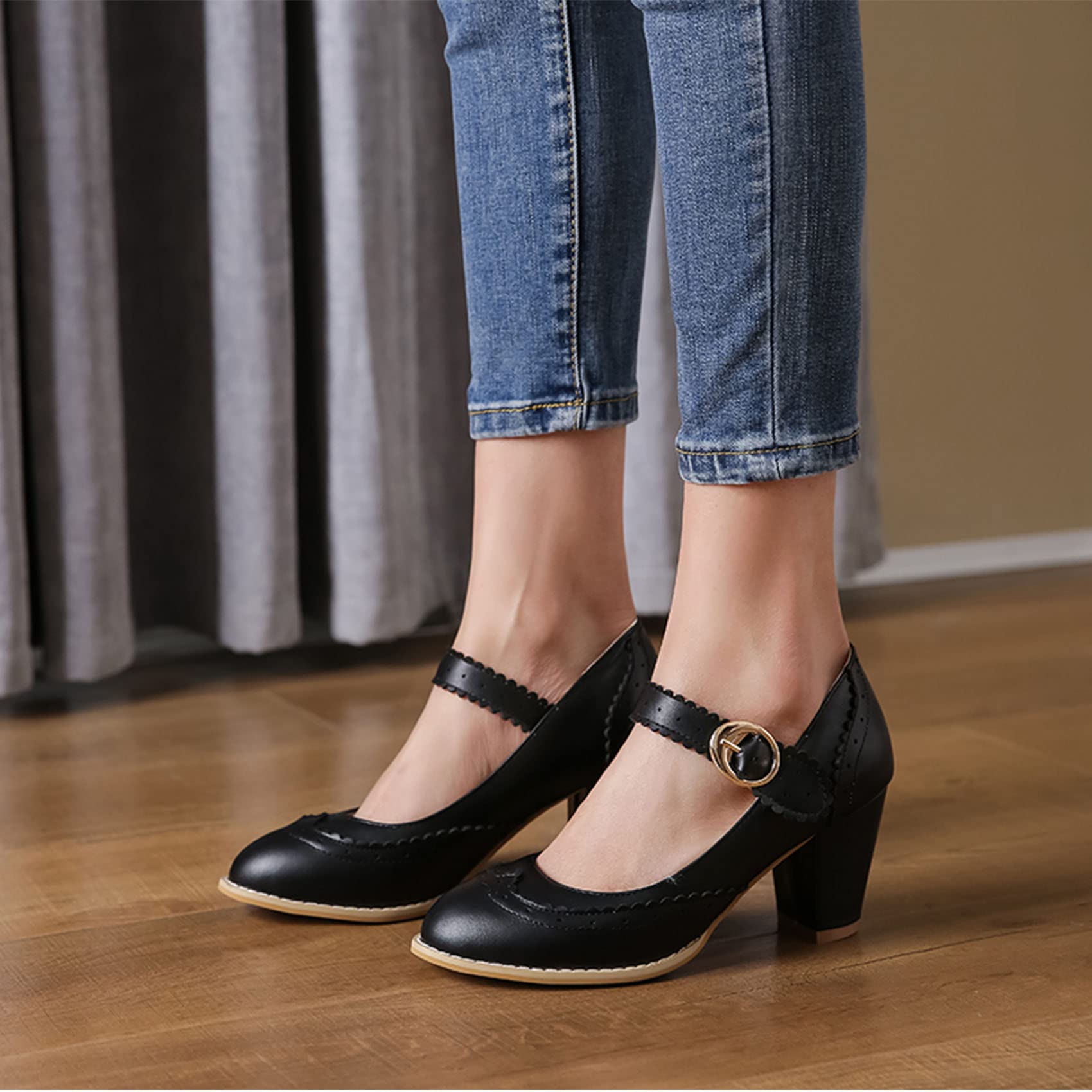 Vintage Women's Rockabilly Mary Jane Block Heel Pumps - Wingtip Closed Toe Dress Shoes for Retro Parties, Swing Dancing & 1950s Fashion Outfits