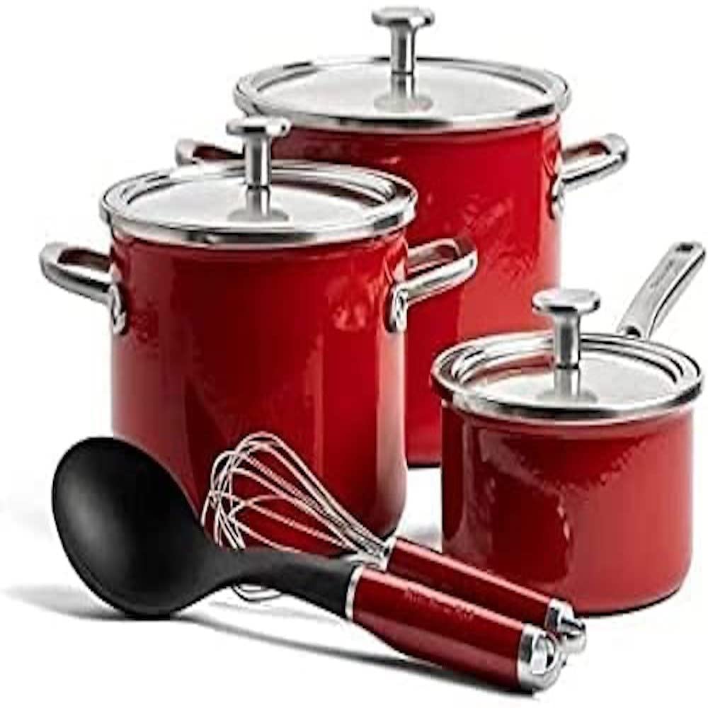 KitchenAid Steel Core Enamel 8-Piece Cookware Set - Empire Red | Durable Nonstick Pots & Pans for Cooking, Baking & Serving | Perfect for Home Chefs & Professional Kitchens