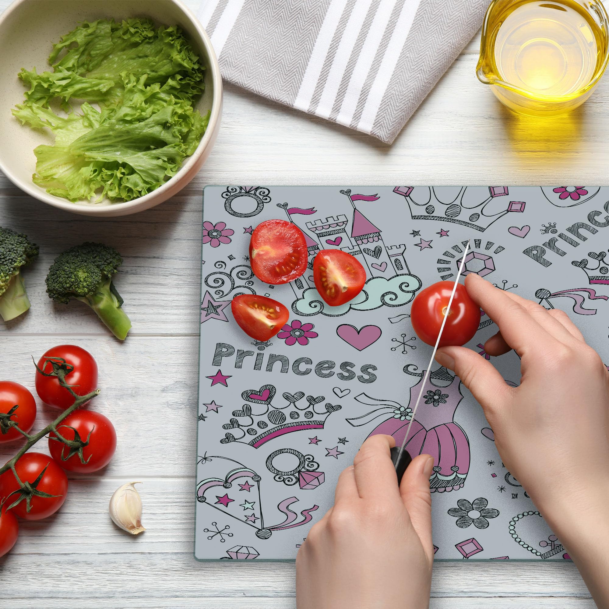 Lunarable Cartoon-Themed Tempered Glass Cutting Board - Pop Art Slipper Butterfly Heart Wand Tiara Heel Shoe Dreamland Design - Large Decorative Serving Board in Pale Pink White Grey - Perfect for Kitchen Prep, Charcuterie Display & Party Entertaining