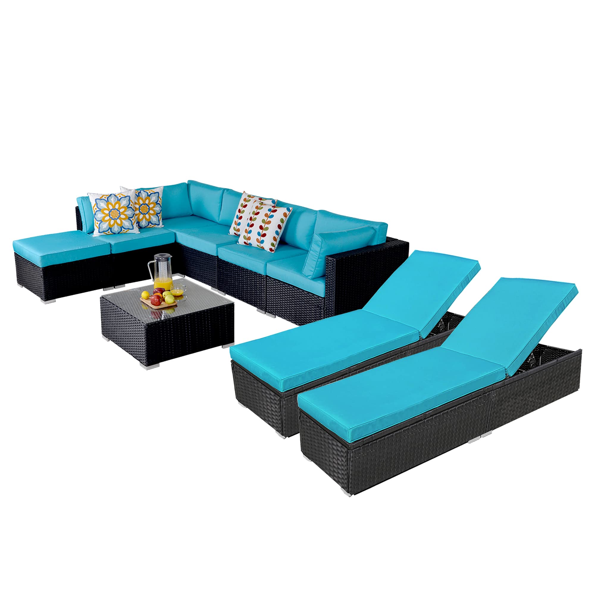 9-Piece All-Weather Wicker Patio Furniture Set with Chaise Lounge Chairs & Coffee Table - Blue Outdoor Sectional Sofa Conversation Set for Backyard, Poolside or Garden Relaxation