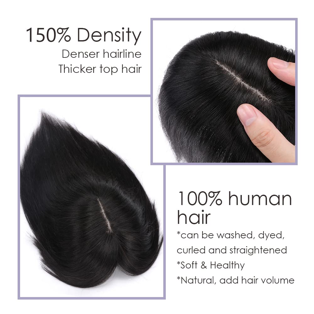 MY-LADY Human Hair Toppers for Women - 150% Density Remy Hair Topper with Silk Base & Bangs - 7x13cm Clip-in Hairpiece for Thinning Hair - 18 Inch Straight #1B Natural Black - Perfect for Daily Wear, Parties & Special Occasions