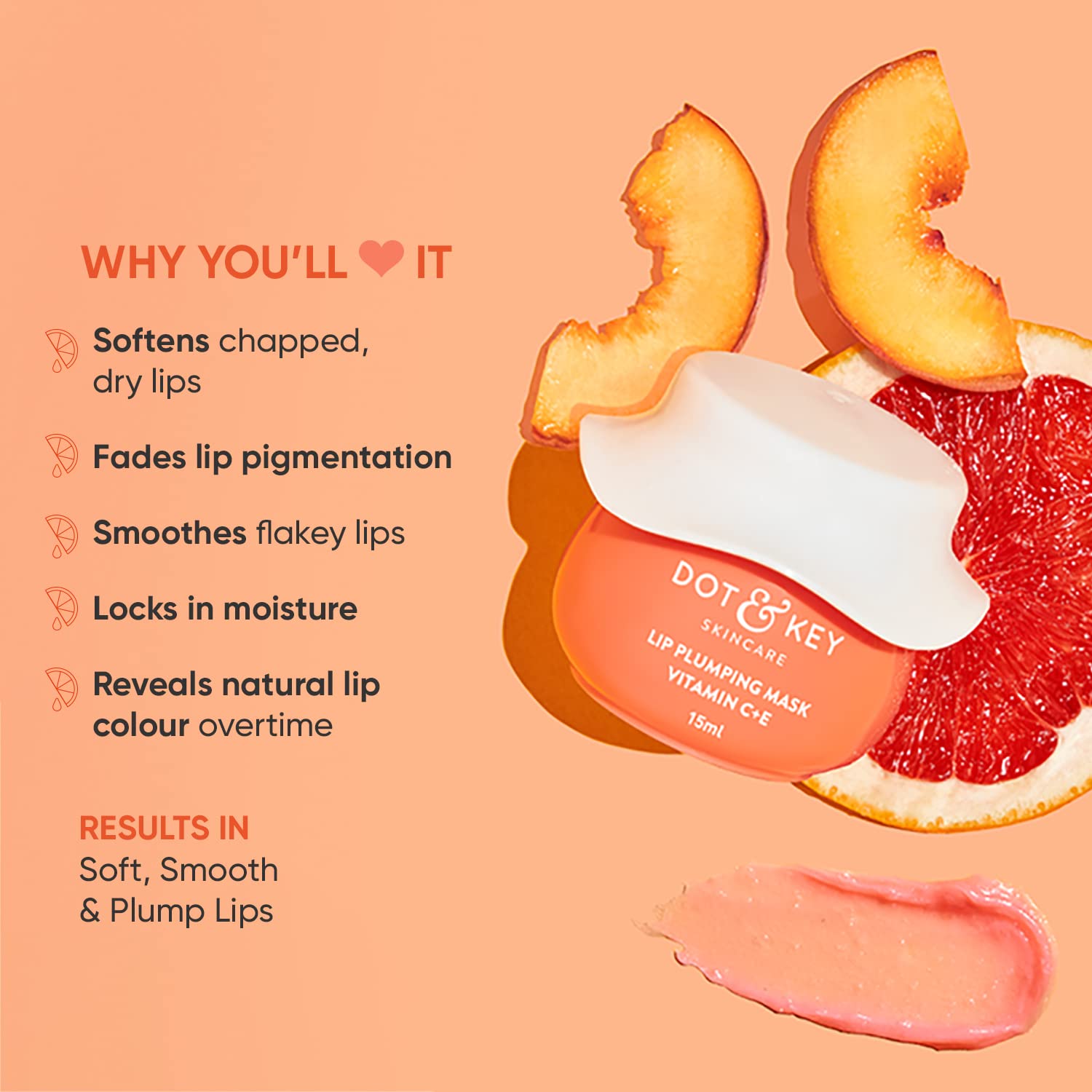 Dot & Key Vitamin C + E Lip Plumping Mask - Hydrating & Brightening Treatment for Dry, Flaky Lips, Reduces Pigmentation - Blood Orange & Nectarine Scent (15ml) | Perfect for Night Care & Pre-Makeup Prep
