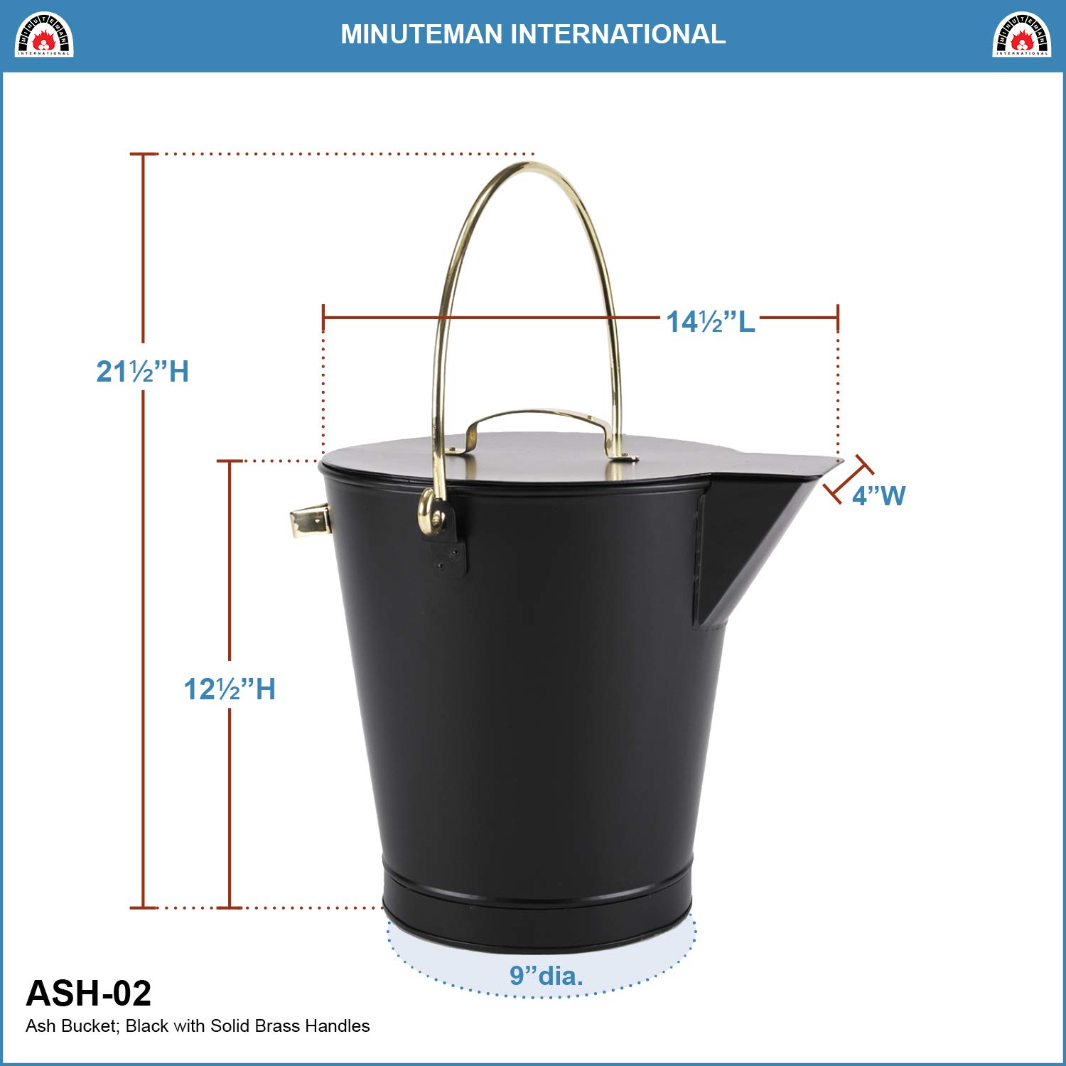 Fireplace Ash Can Bucket Pail - Black with Polished Brass Handle - Heavy Duty Metal Ash Bucket for Fireplace, Wood Stove, Campfire & BBQ Cleaning - Perfect for Home, Outdoor & Camping Use