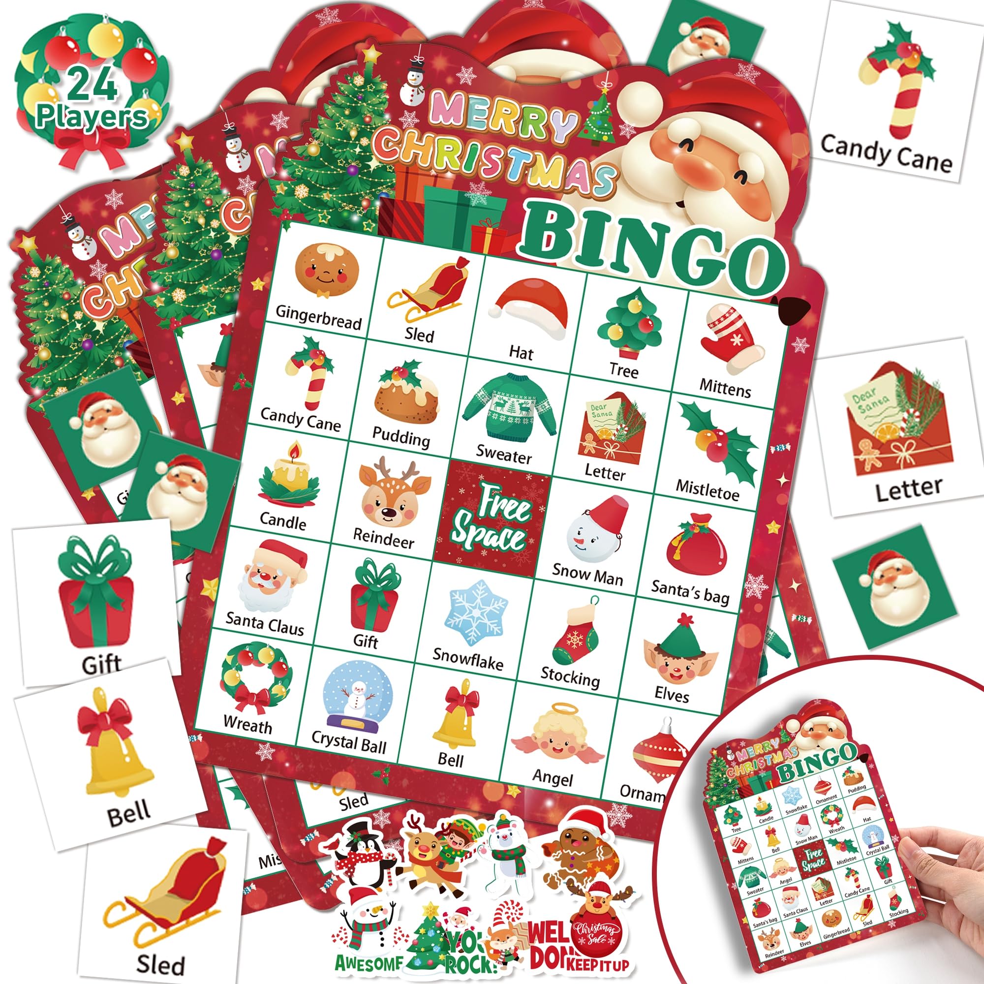 YOYOJOY 39-Piece Christmas Bingo Game Set for Kids & Adults - 24 Player Holiday Bingo Cards with Reward Stickers - Perfect for Family Gatherings, Classroom Activities & Xmas Party Games