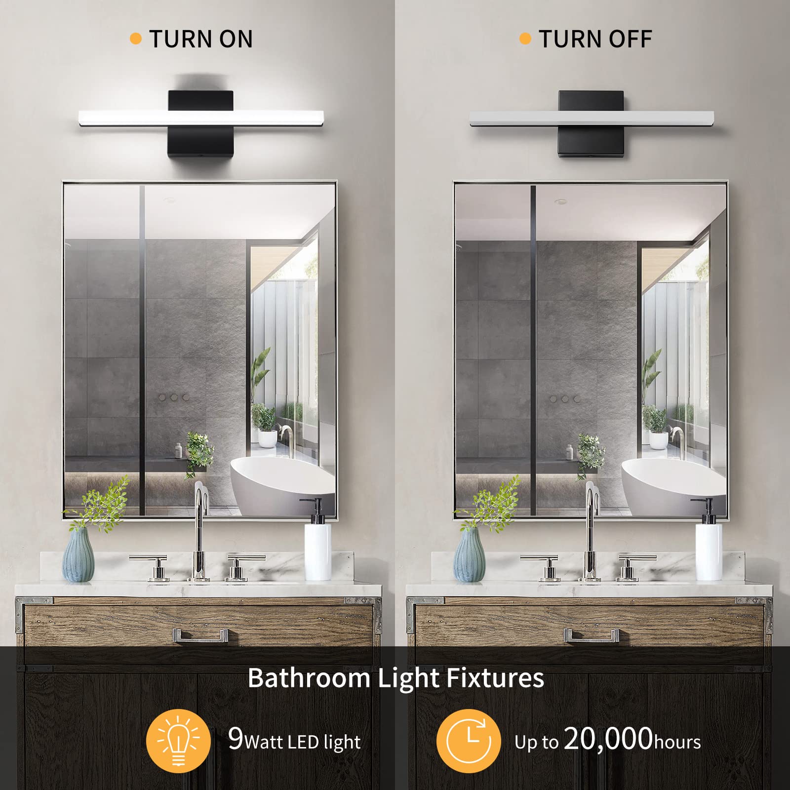 Modern LED Vanity Lights - 16 Inch 9W Daylight White & Black Bathroom Light Fixtures for Mirror Vanity Lighting | Perfect for Bathroom, Dressing Room & Makeup Area