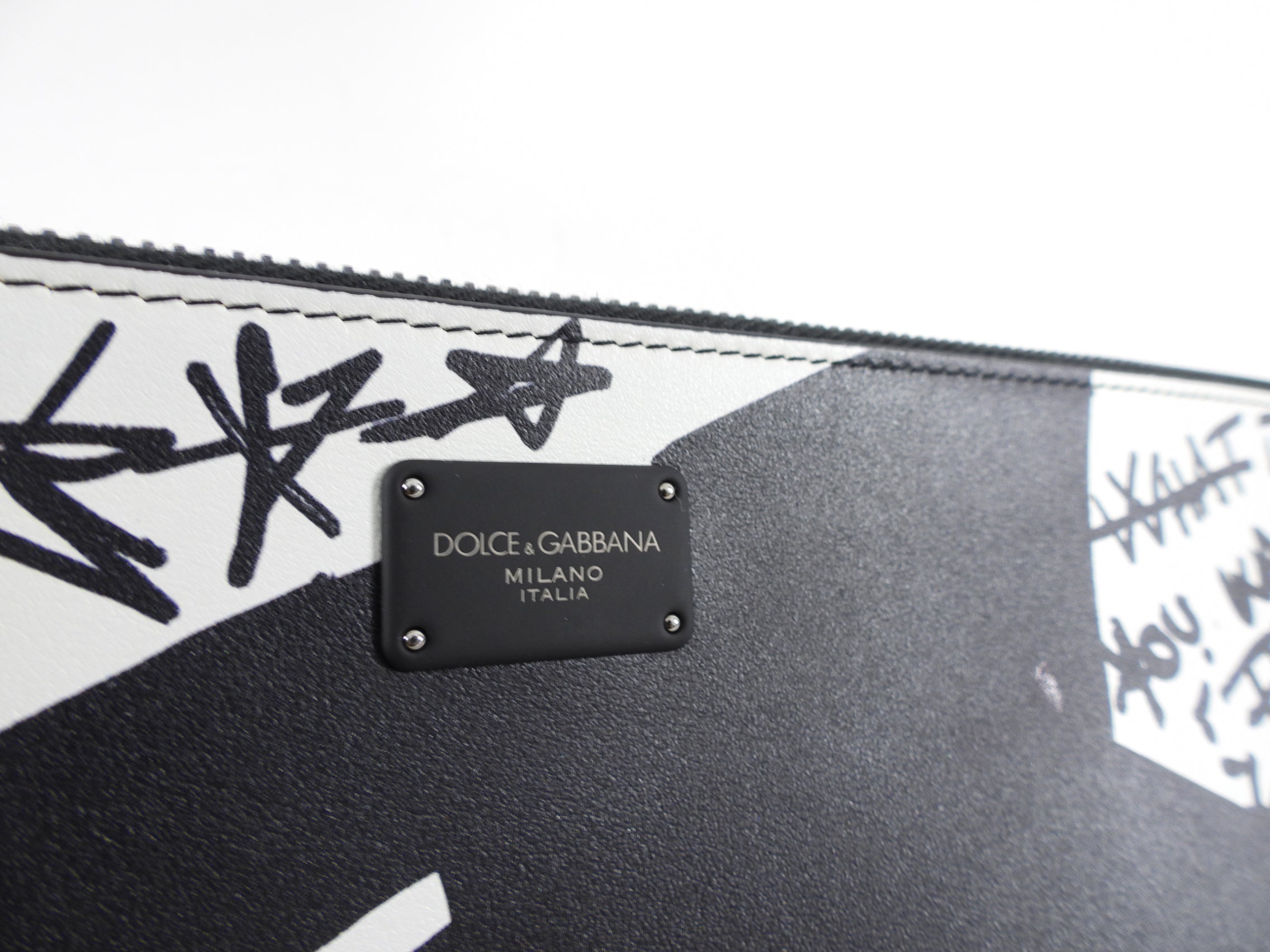 Dolce & Gabbana Black and White Leather Flat Pouch Clutch Bag for Women | Elegant Evening Clutch for Parties, Weddings & Special Occasions