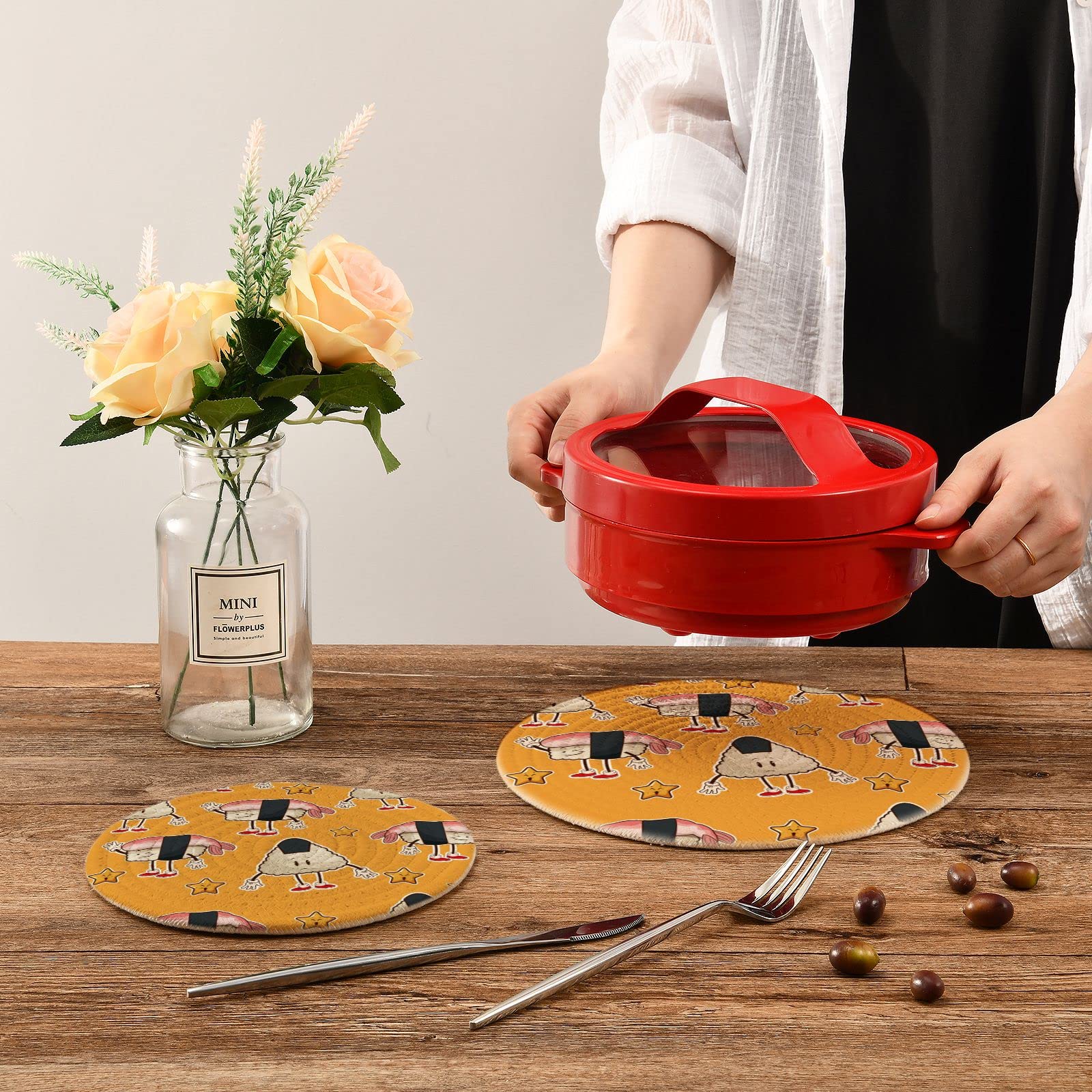 Kawaii Roll Sushi Pot Holders - 2 Pack Heat Resistant Trivets for Hot Dishes, Japanese Style Cotton Woven Trivet Mats for Pans, Bowls & Teapots - Perfect for Kitchen Decor & Asian Dining Experience