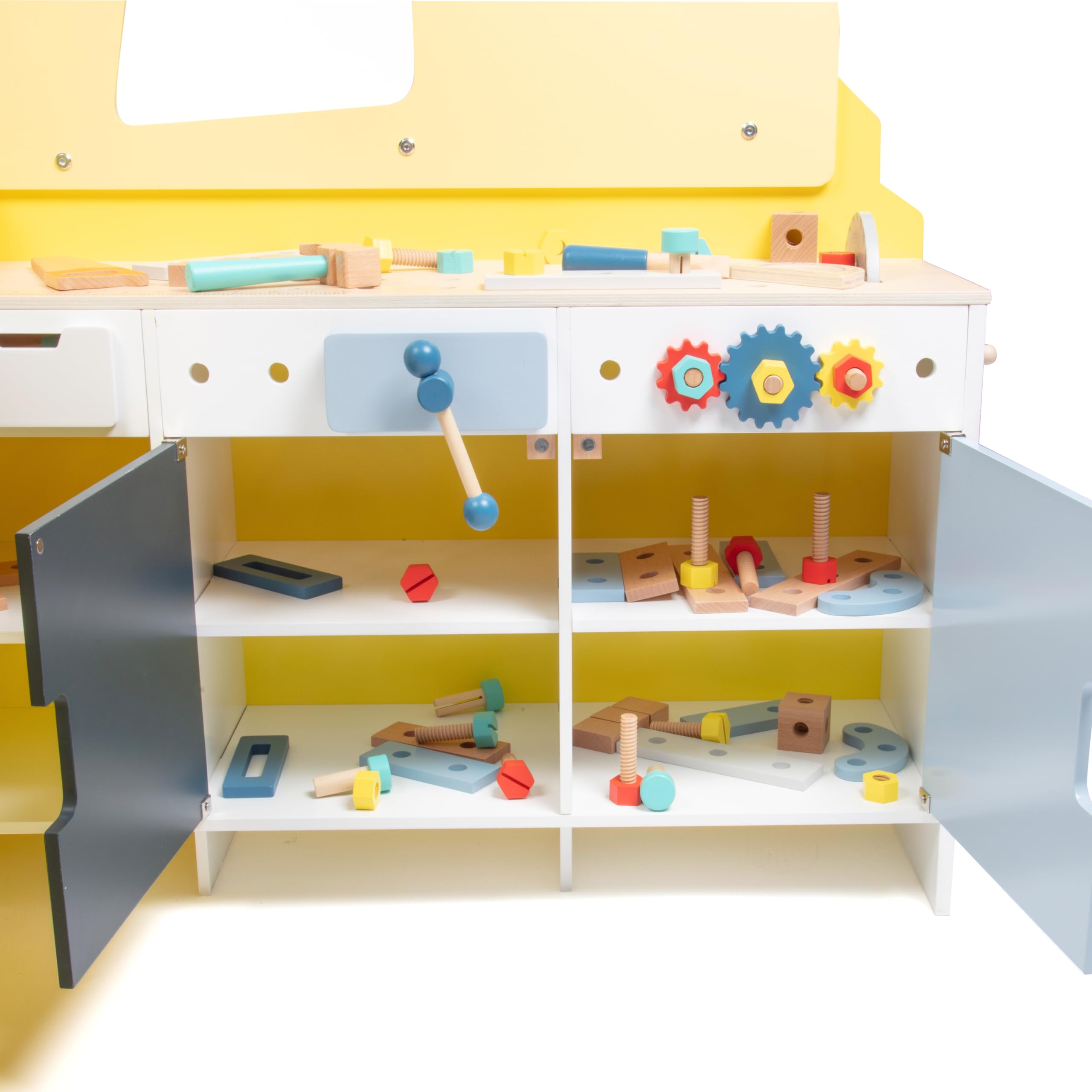Construction Truck Wooden Playset with 60+ Toy Pieces - Pretend Play Hammer, Saw, Bolts & Screws - Spinning Turn Saw & Steering Wheel - Dual-Sided Play Stand & Workbench - Perfect Kids Gift for Building & Pretend Play - Great for Indoor Playtime & STEM Learning