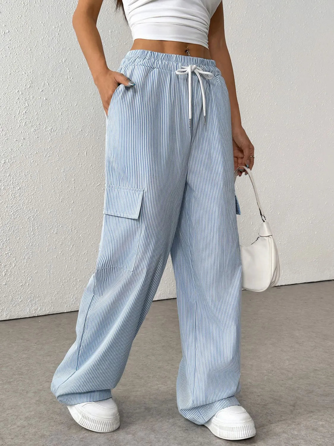 Stylish Striped Drawstring Wide Leg Cargo Pants for Women - Comfortable & Trendy Casual Wear for Outdoor Activities, Travel and Street Fashion