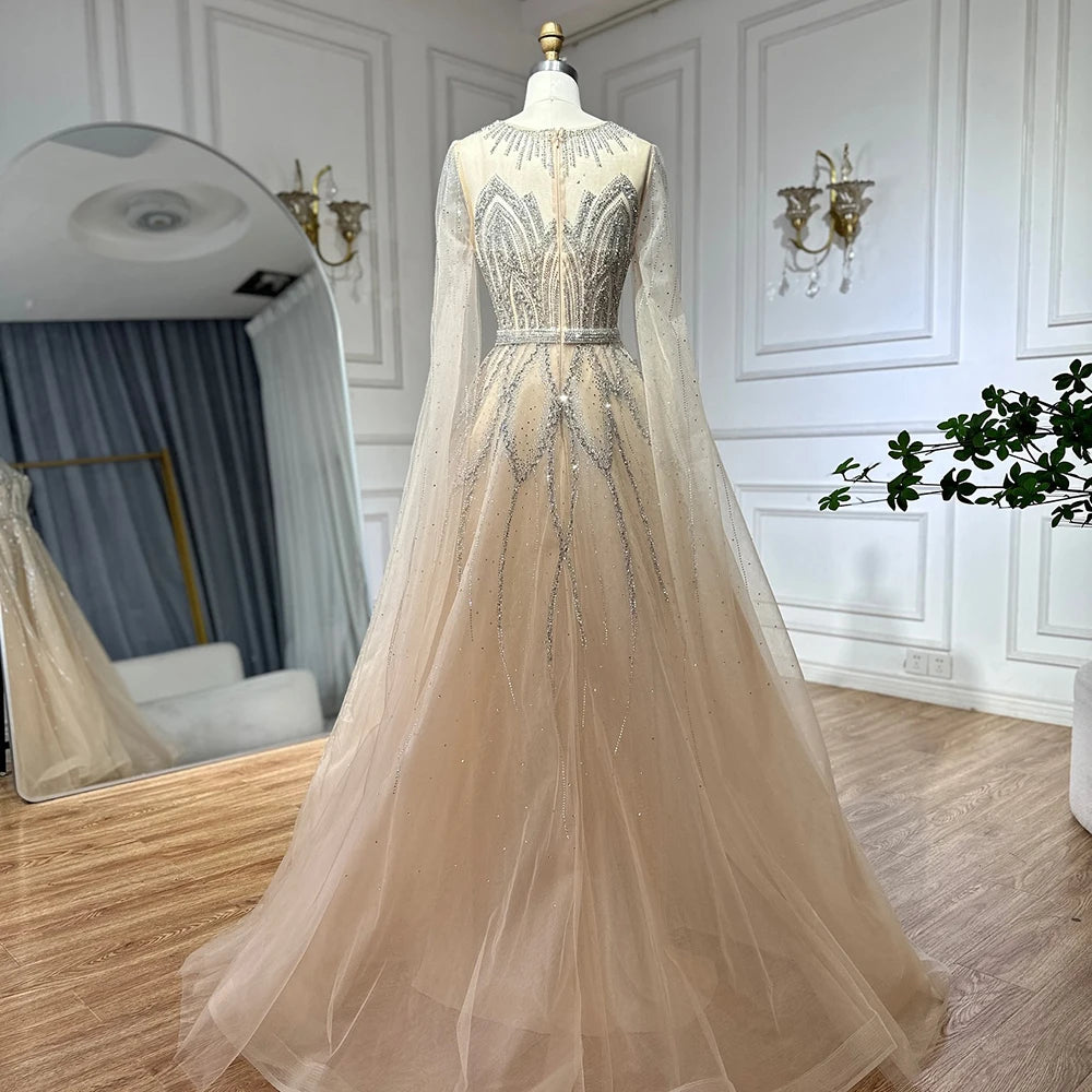 Elegant Nude Blue Beaded Long A-Line Arabic Evening Dress with Cape Sleeves for Dubai Luxury Formal Occasions - LA72785 | Perfect for Weddings, Galas, and Special Events