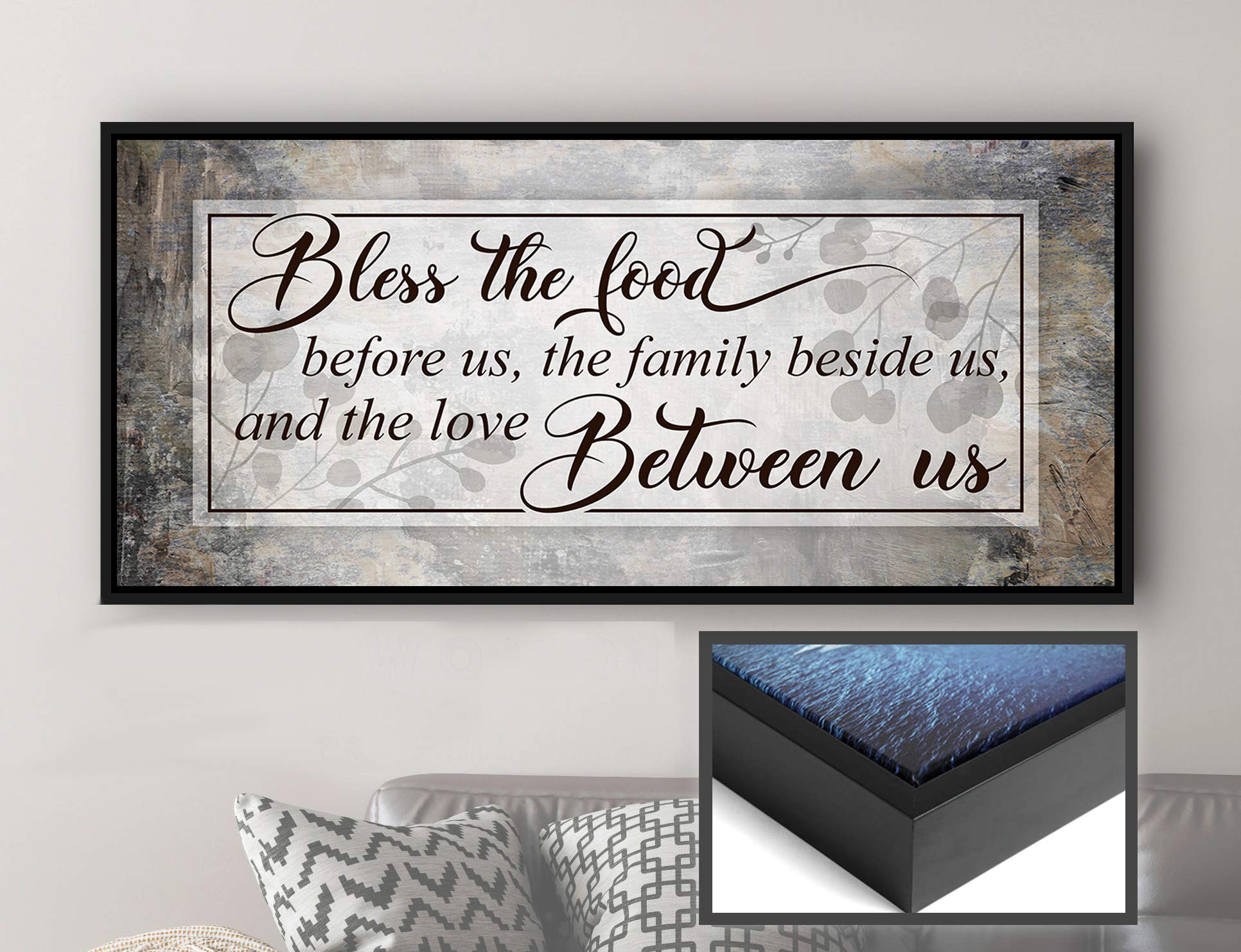 Bless The Food Sign - Christian Wall Decor for Dining Room & Kitchen - Large Canvas Wall Art with Floating Frame - Family Home Décor (Grey/Brown/Black, 42x19) - Perfect for Farmhouse, Rustic & Modern Interior Design