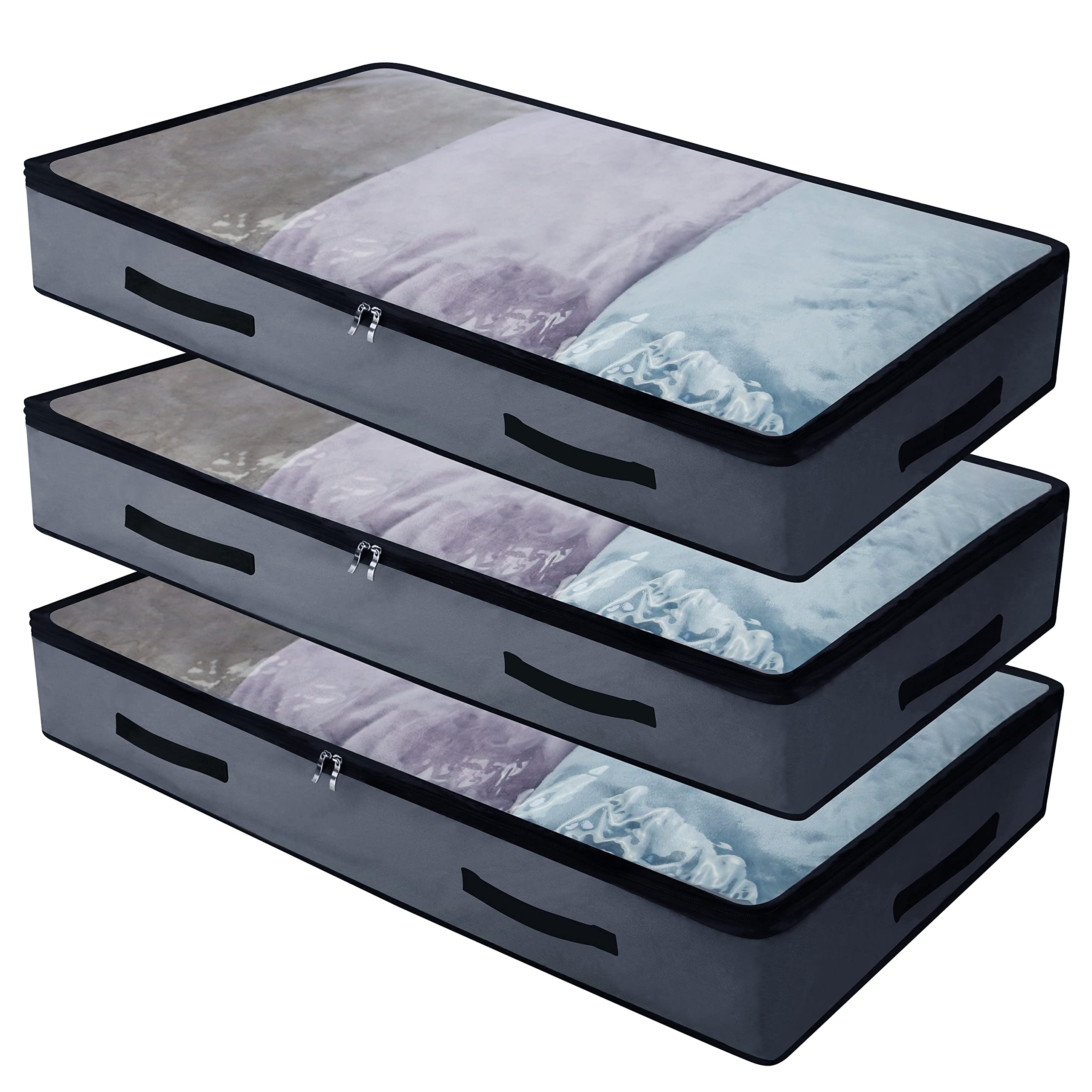 AMJ 3-Pack Underbed Storage Bags with Transparent Zip Lid - Foldable Space-Saving Organizers for Clothes, Blankets & Seasonal Items - Dark Gray Under-Bed Storage Containers for Bedroom, Dorm & Small Spaces