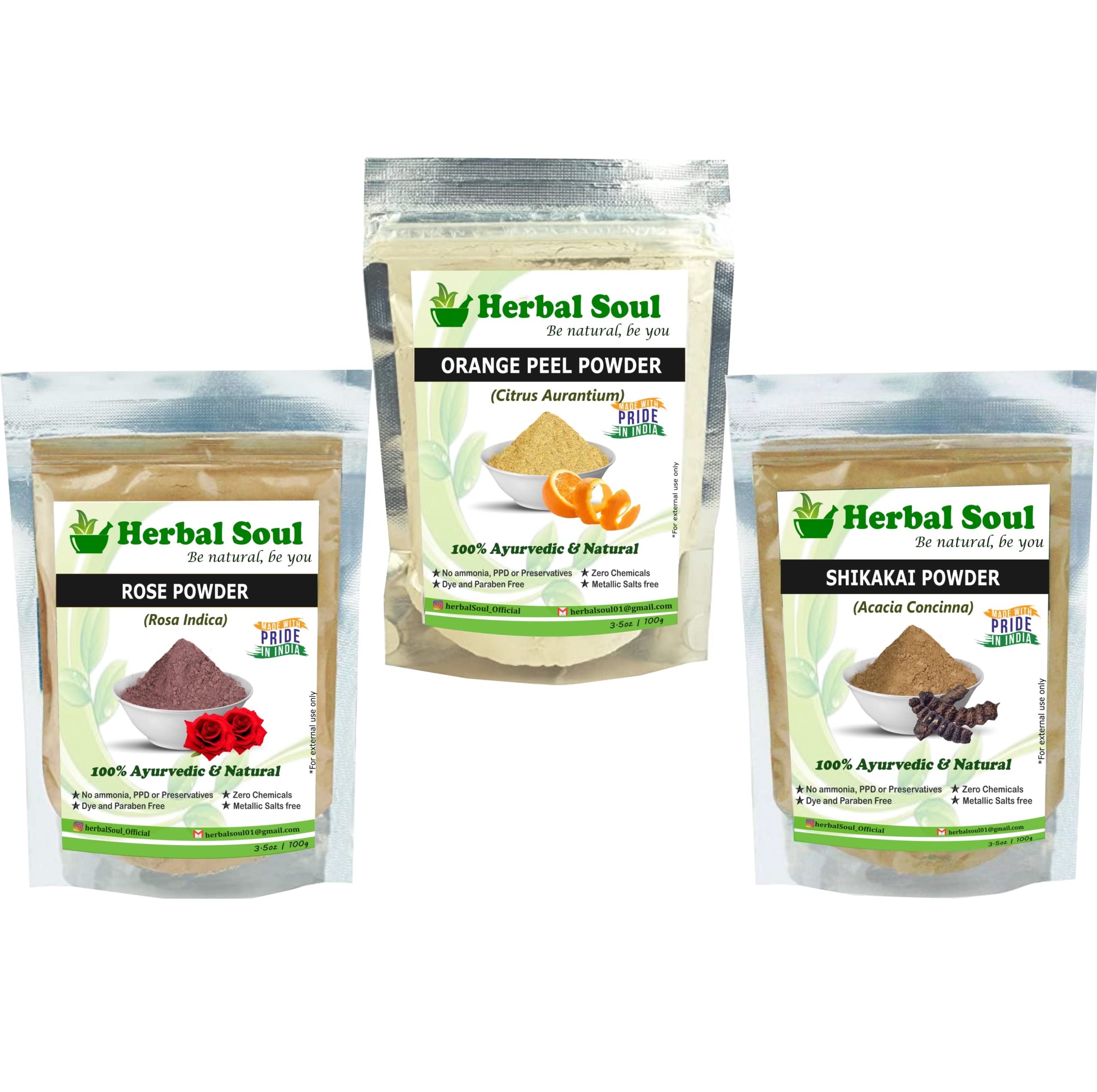 Herbal Soul Combo - Rose Powder, Orange Peel Powder & Shikakai Powder (300g) | Natural Hair & Skin Care | DIY Beauty Treatments & Ayurvedic Remedies