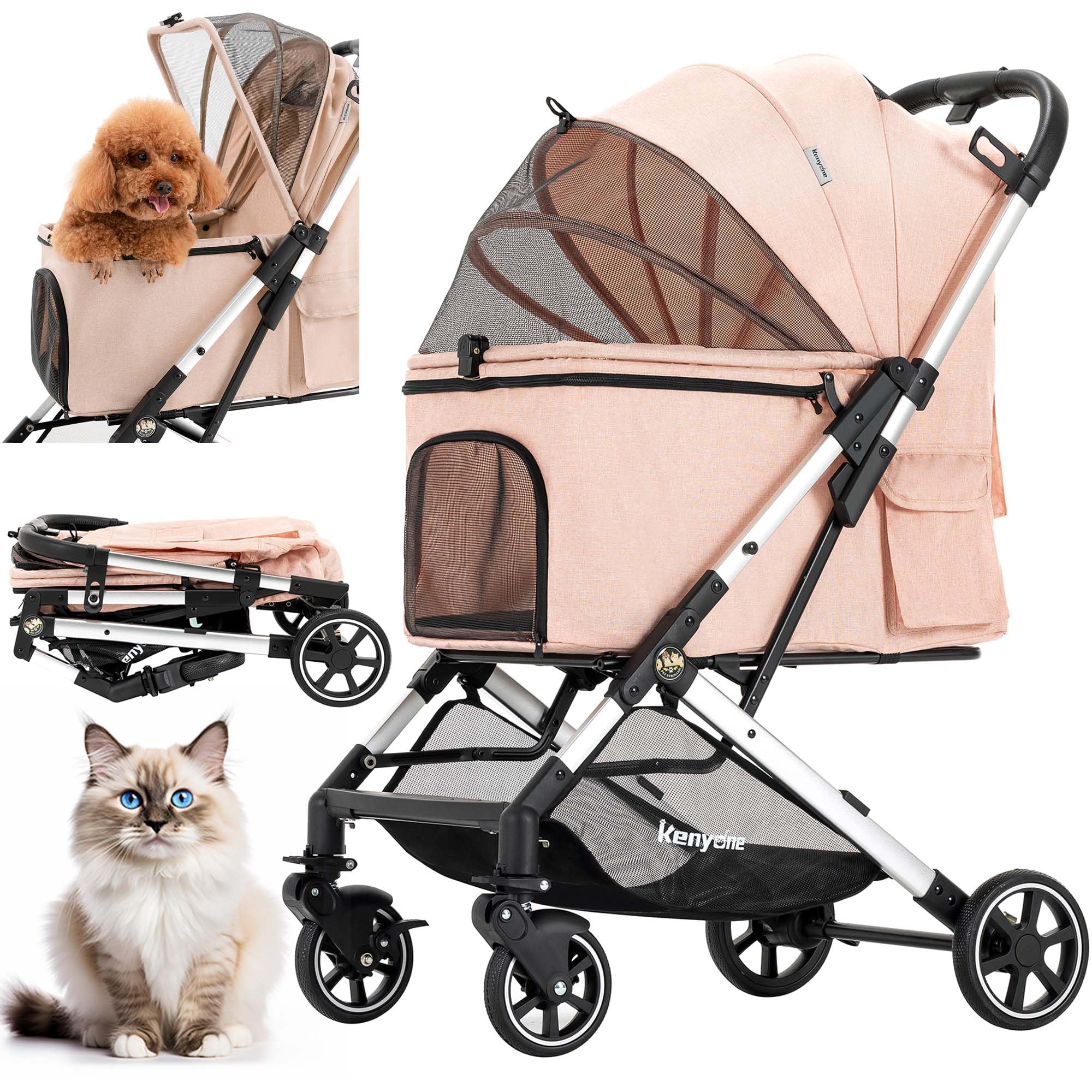 Kenyone Medium Dog Stroller for Pets Up to 55lbs - Lightweight Aluminum Frame, One-Click Folding, No-Zip Entry & Detachable Mesh - Large Pet Carrier with Storage Pockets for Walking, Travel & Outdoor Adventures