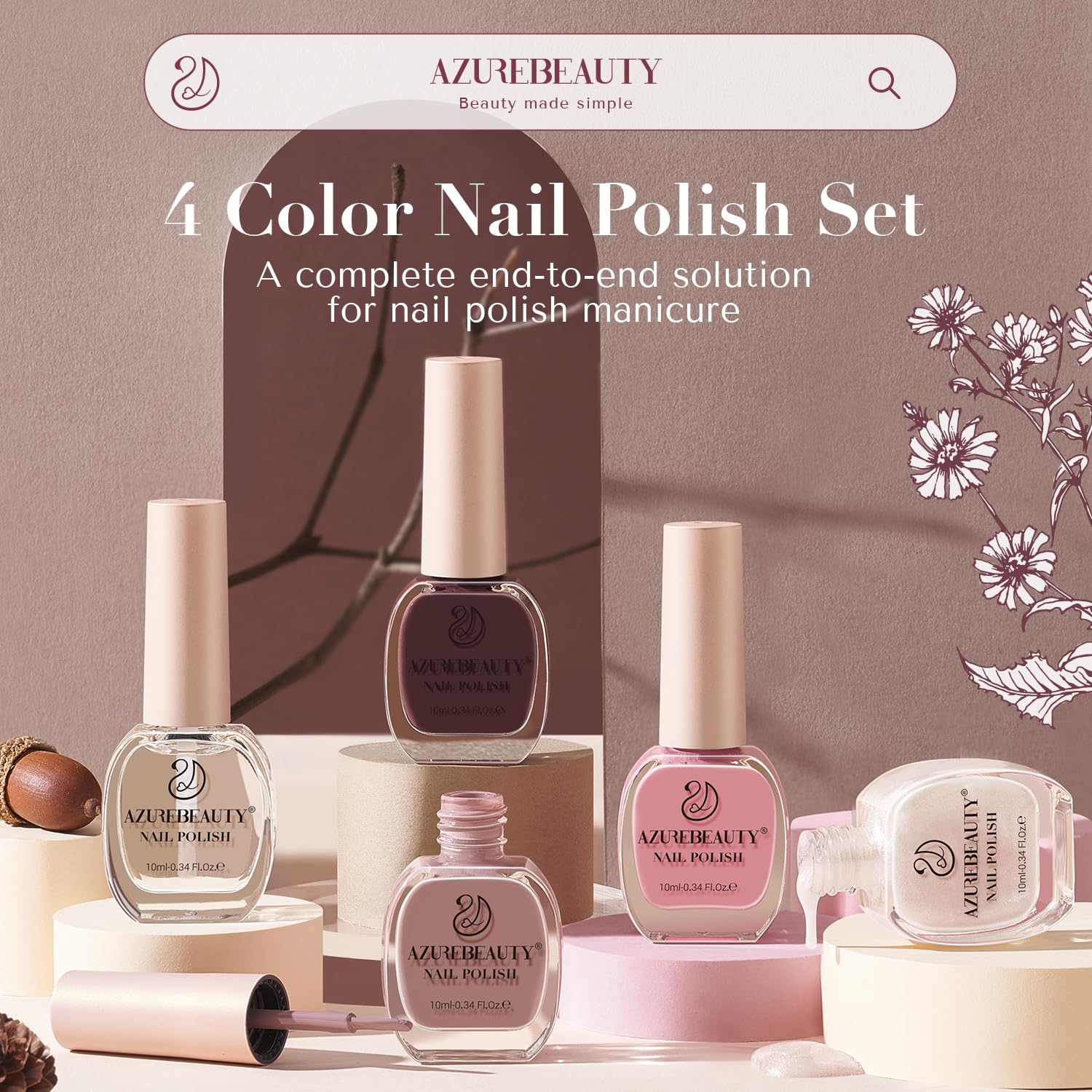 AZUREBEAUTY Vegan Nail Polish Set - 4 Colors (Brown, Pink, Glitter) Quick Dry Natural Nail Lacquer with Strengthening Treatment & Top Coat Kit for DIY Salon & Home Manicure | Perfect for Everyday Wear, Parties & Special Occasions