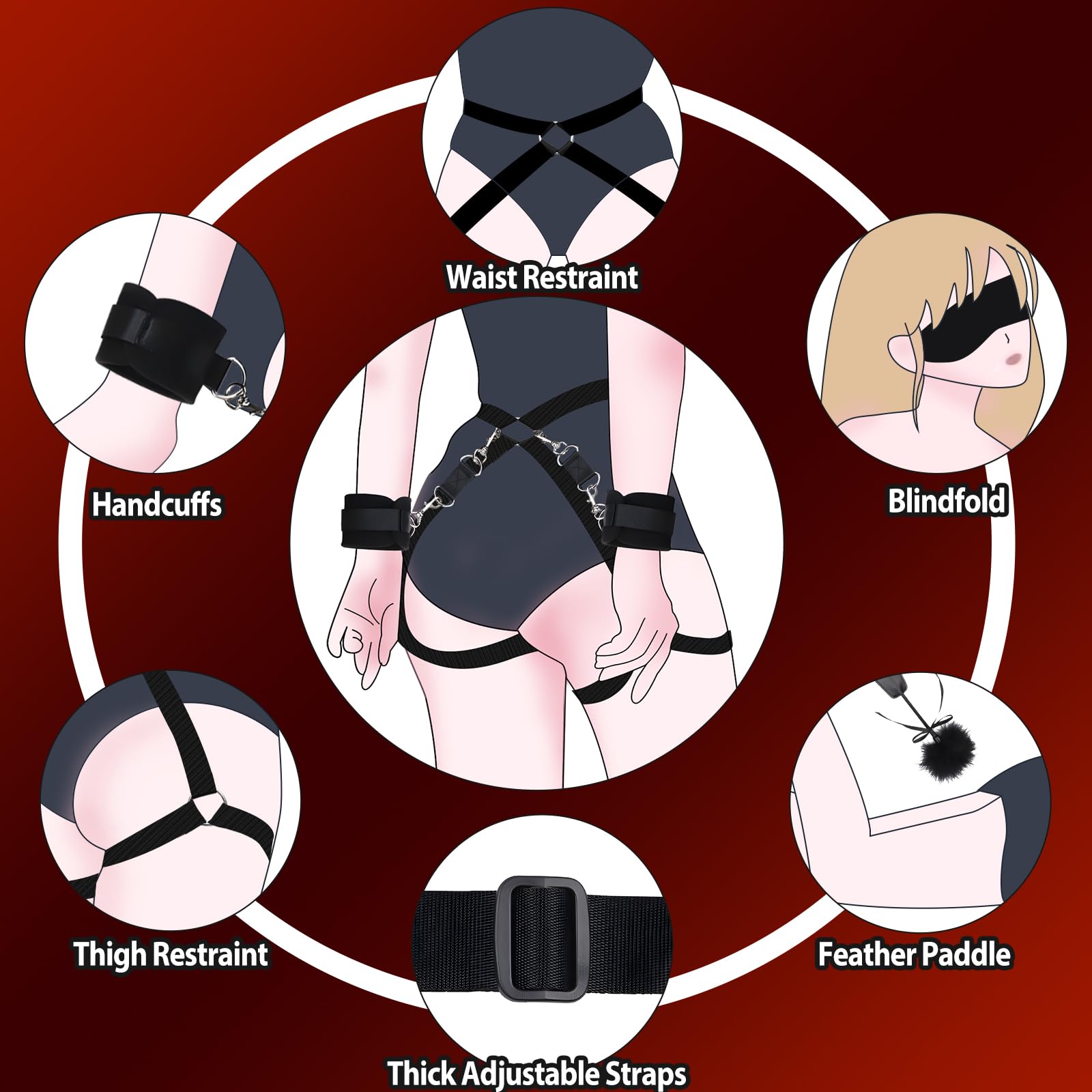 BDSM Bondage Kit for Couples - Adjustable Waist to Thigh Restraint Set with Handcuffs, Blindfold & Tickler - Adult SM Toys for Men & Women - Perfect for Bedroom Play, Roleplay & Spicing Up Relationships