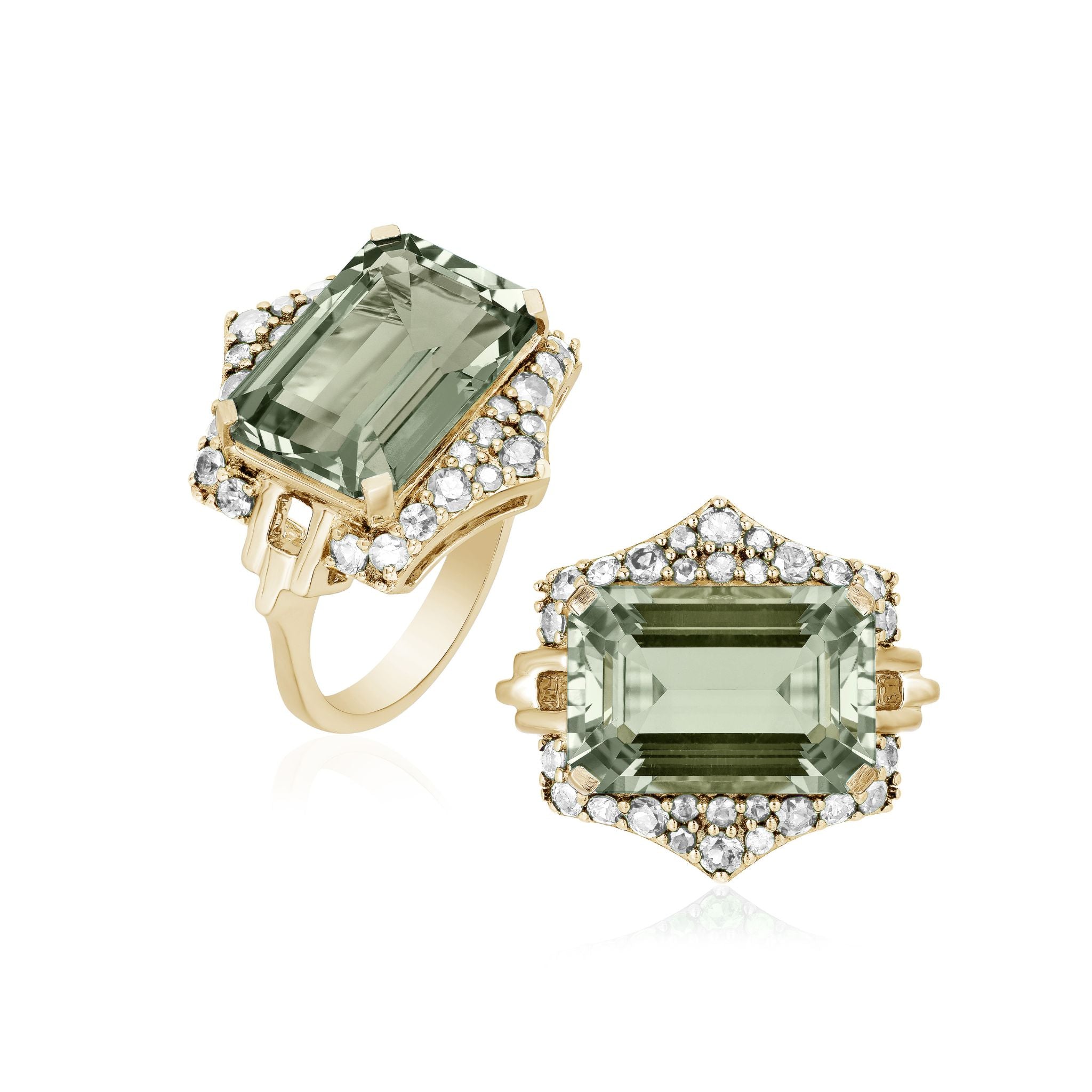 Goshwara Emerald Cut Prasiolite & Diamond 18K Gold Ring for Women – Elegant Green Gemstone Jewelry for Engagement, Wedding, Anniversary & Special Occasions