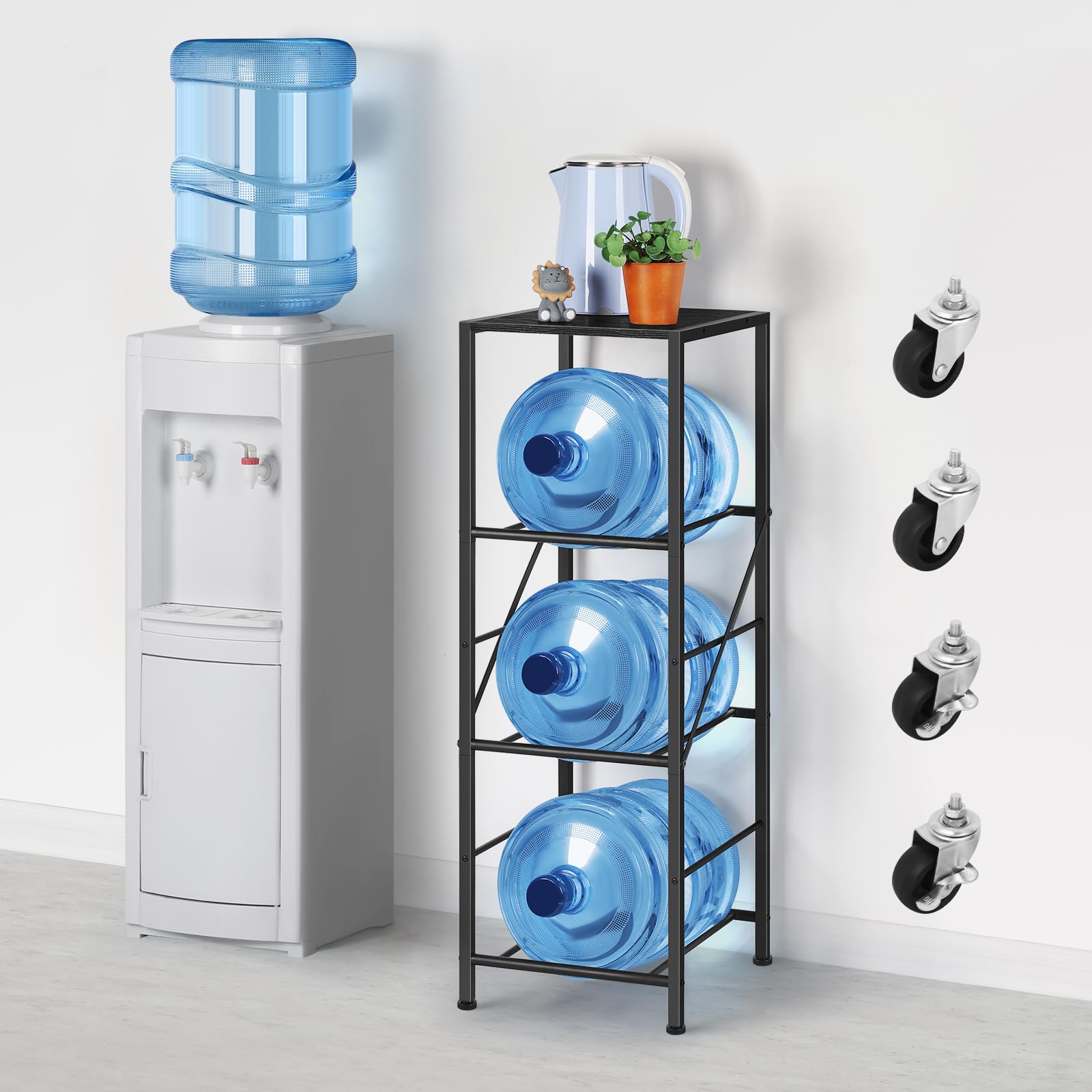 **Smusei 5 Gallon Water Bottle Holder - Heavy Duty 3-Tier Water Jug Stand with Wheels & Top Shelf - Organizer Storage Rack for Kitchen, Office, Living Room - Perfect for Home, Workplace & Outdoor Use**