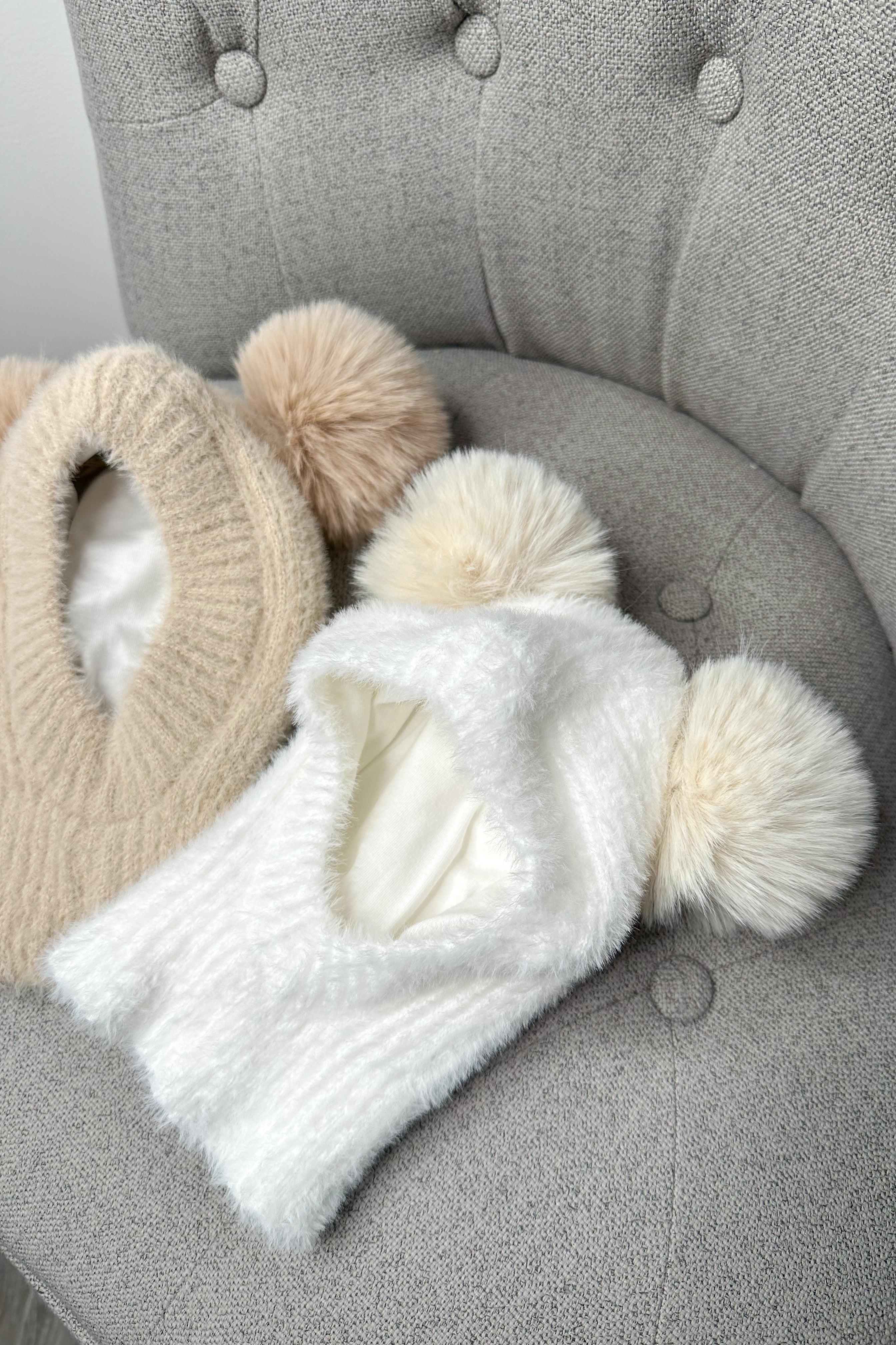 Soft Fluffy Beige Pom Pom Snood Scarf - Cozy Winter Fashion Accessory for Women | Perfect for Cold Weather, Outdoor Activities & Stylish Outfits