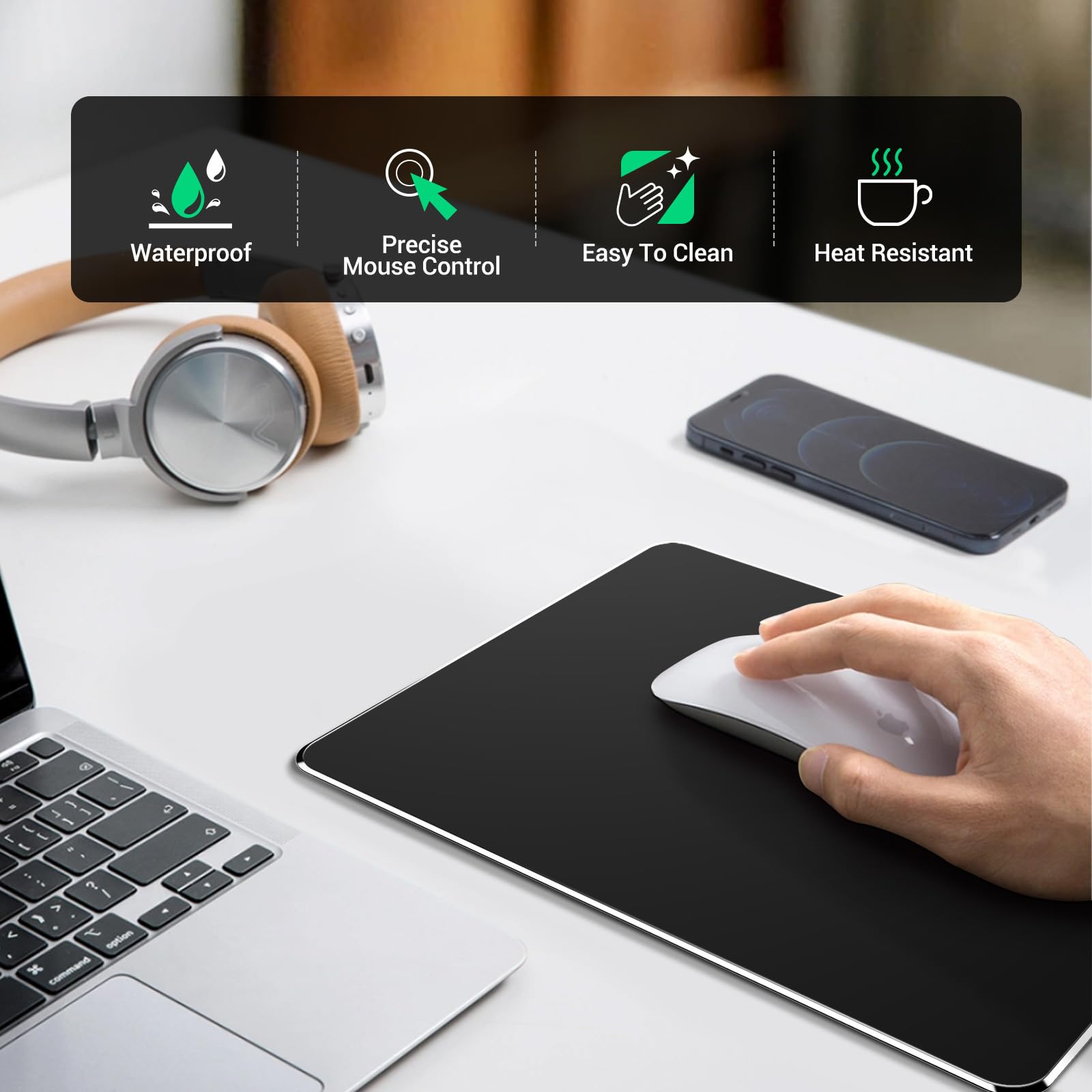 Premium HONKID Aluminum Hard Metal Mouse Pad - Non-Slip Rubber Base for MacBook Pro/Air & Magic Mouse - Durable Office & Gaming Surface for Home, Travel & Workspace (Black)