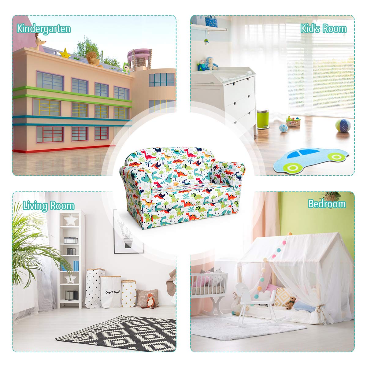 Costzon Kids Couch - Double Seat Children's Sofa with Dinosaur Pattern, Soft & Comfortable Toddler Armchair with Back Support, Easy to Move, Perfect for Bedroom & Living Room - Ideal Gift for Preschool Boys & Girls (Great for Playtime, Reading Nook & Nap Time)