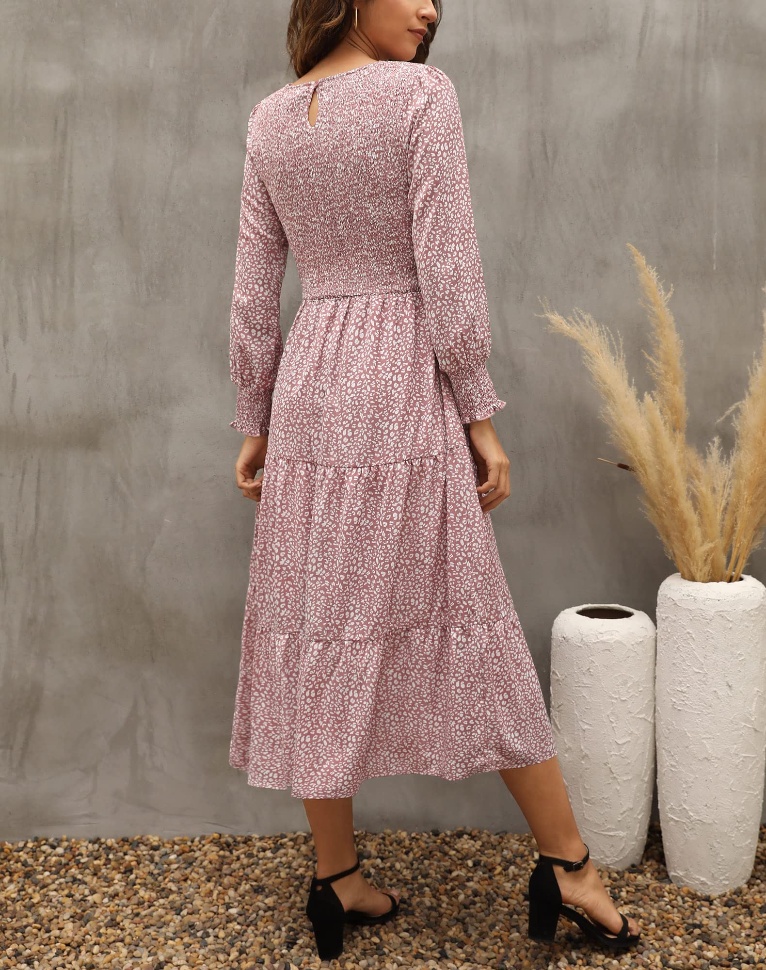 Zattcas Women's Fall Dresses 2025 - Casual Long Sleeve Boho Floral Midi Dress with Smocked Waist & Pockets | Perfect for Wedding Guest, Date Night & Autumn Outfits