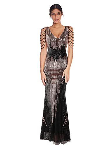 1920s Gatsby Party Cocktail Dress - V-Neck Long Sequin Formal Slip Gown for Women | Flapper Evening Dresses for Roaring 20s Theme Party, New Year's Eve & Special Occasions