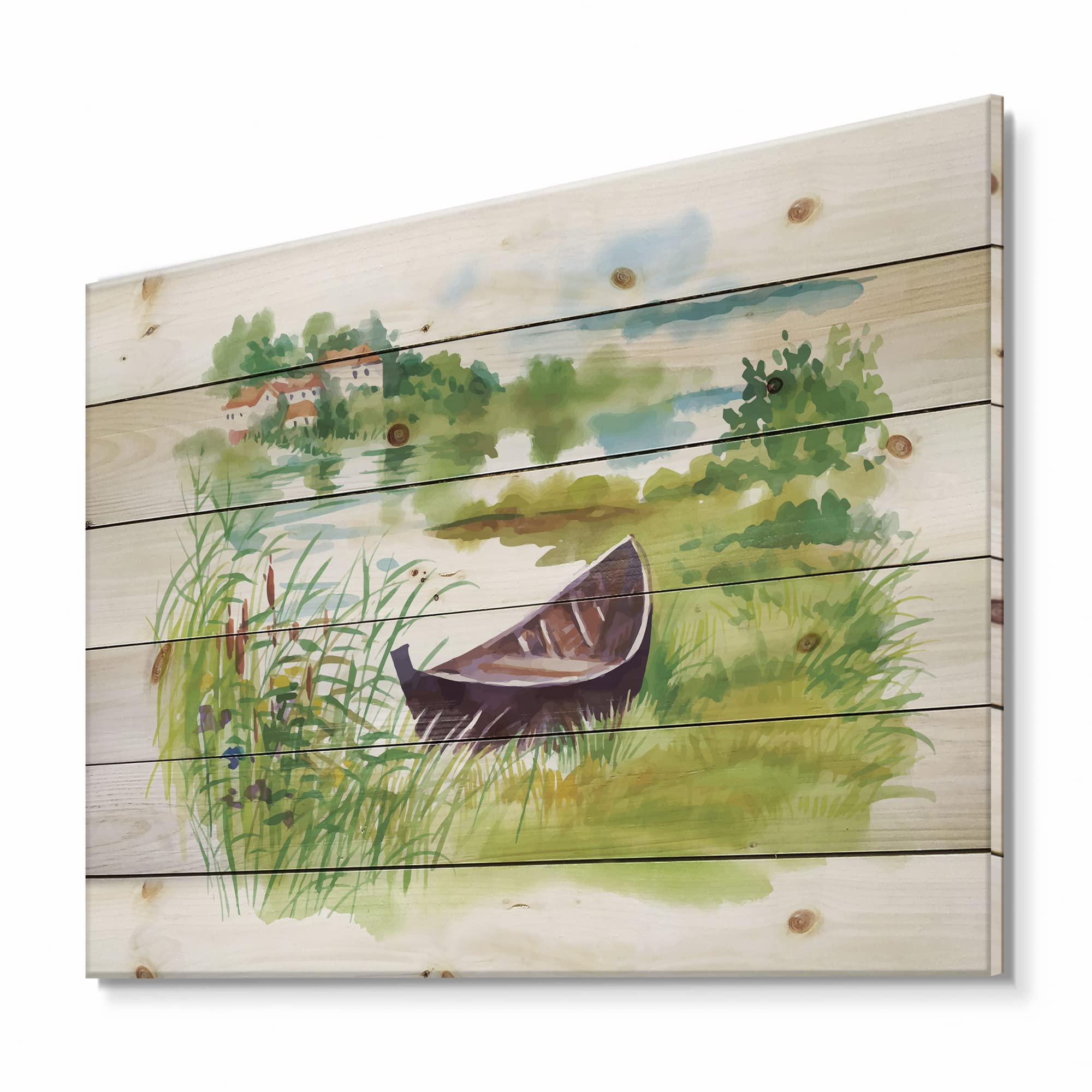 DesignQ Rustic Green Landscape with Boat Lake House Wood Wall Decor - Large Pine Wood Wall Art Panel, Natural Wooden Wall Hanging for Living Room, Bedroom & Cabin Decor
