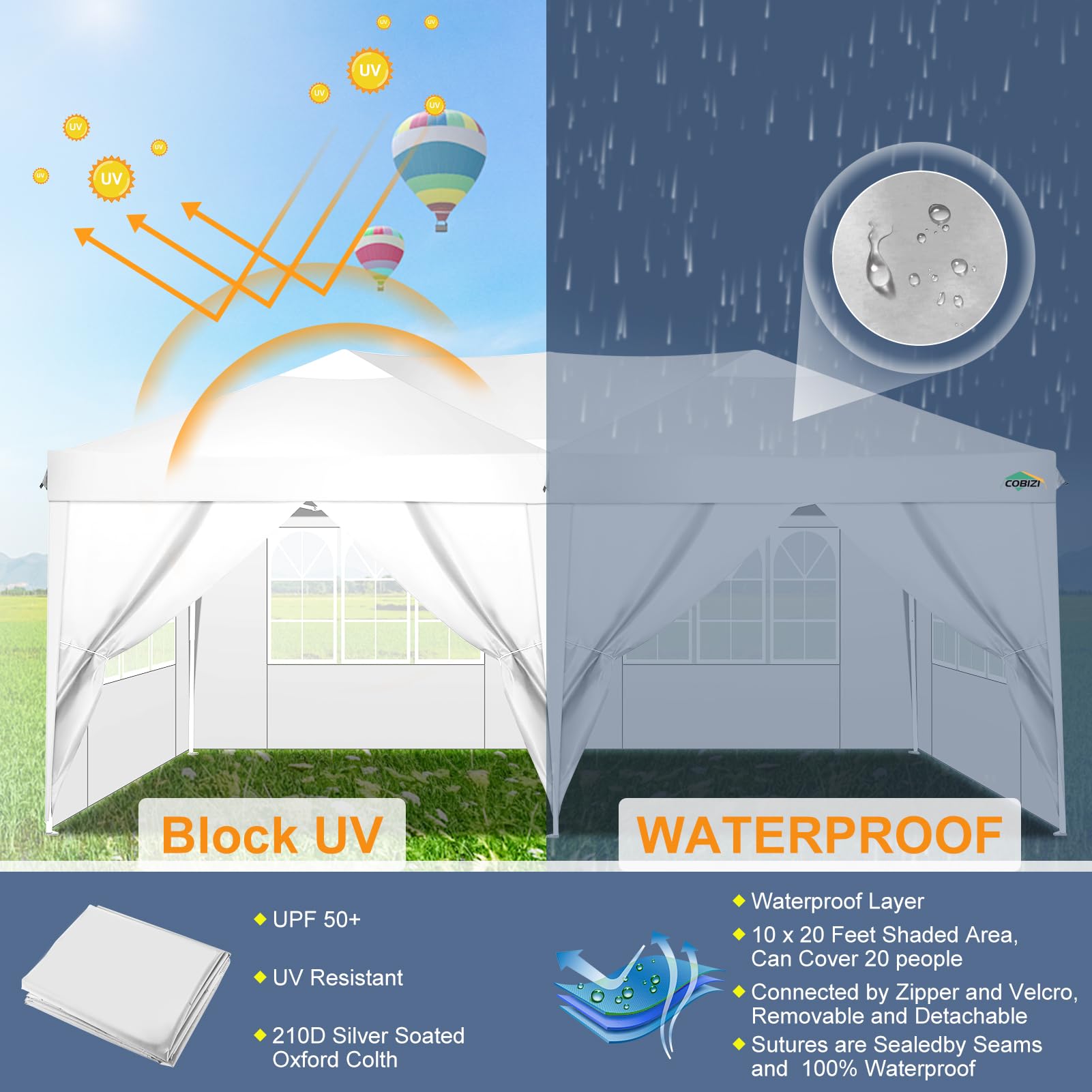COBIZI 10x20 Pop Up Canopy Tent with 6 Sidewalls - Waterproof Outdoor Event Shelter, UPF 50+ Portable Gazebo for Beach, Camping, Weddings & Commercial Use - Instant Easy Setup White Canopy | Perfect for Parties, Picnics, Tailgating & Outdoor Markets