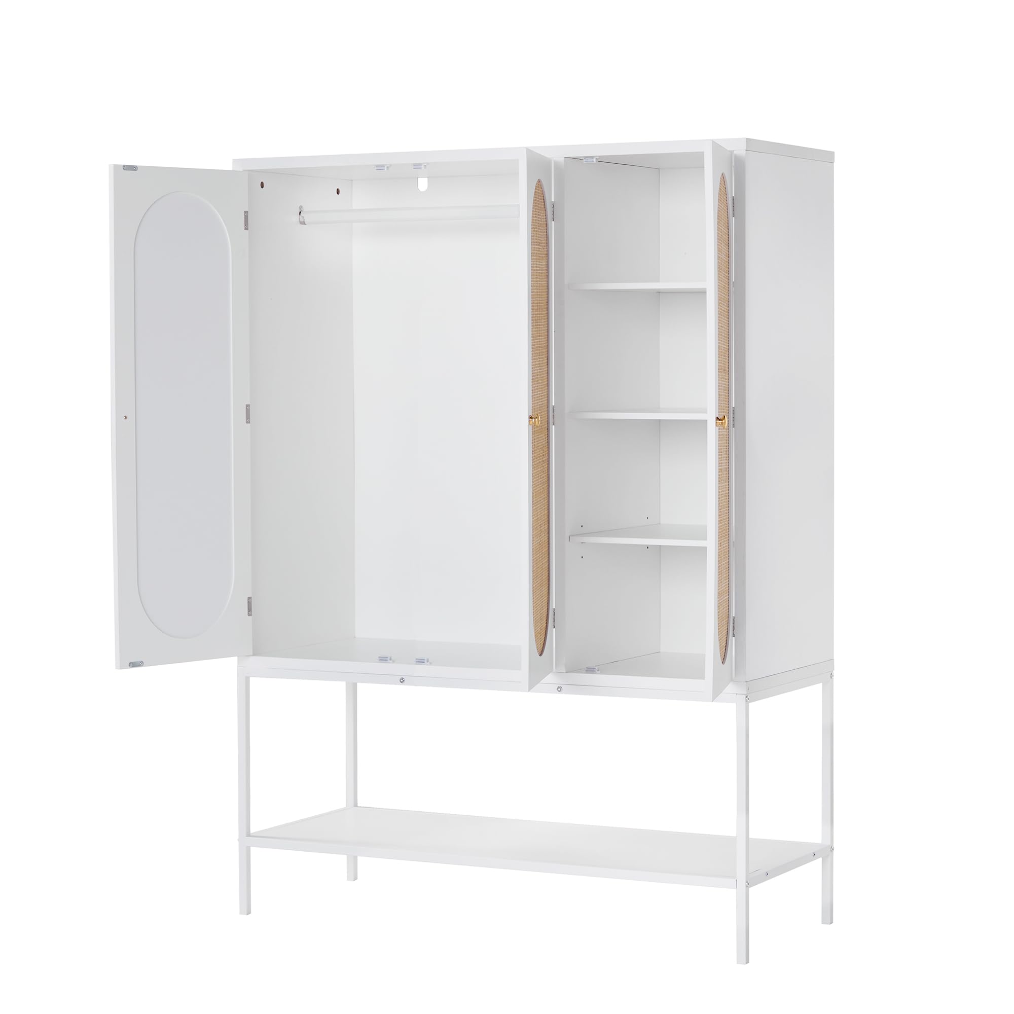 Freestanding Rattan Wardrobe Closet with Storage Cubes & Hanging Rod - 3-Door White Cabinet for Bedroom Organization | Perfect for Small Spaces, Apartments & Dorm Rooms
