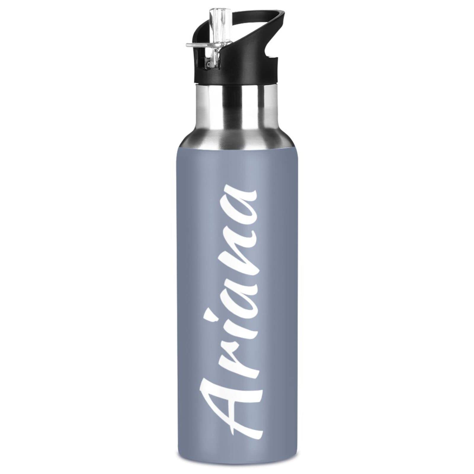 Custom 20oz Insulated Sports Water Bottle with Straw Lid - Personalized Blue Grey Vacuum Flask for Men, Women & Kids - Perfect for Gym, Hiking, School & Office Hydration